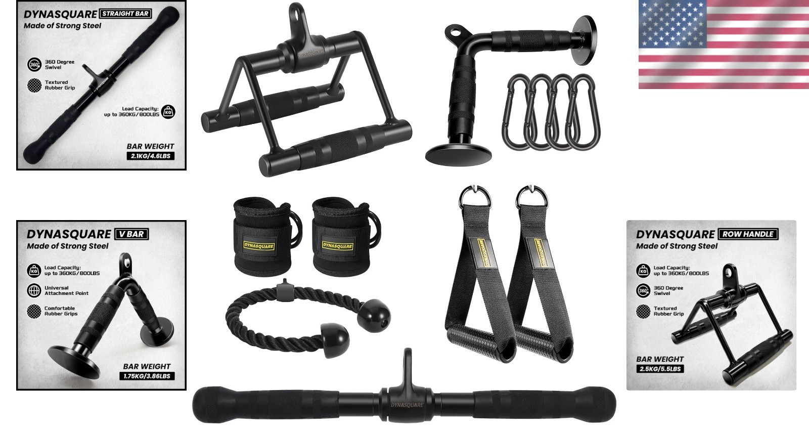 Complete Cable Machine Accessory Set - 8 Solid Steel Attachments for Workouts