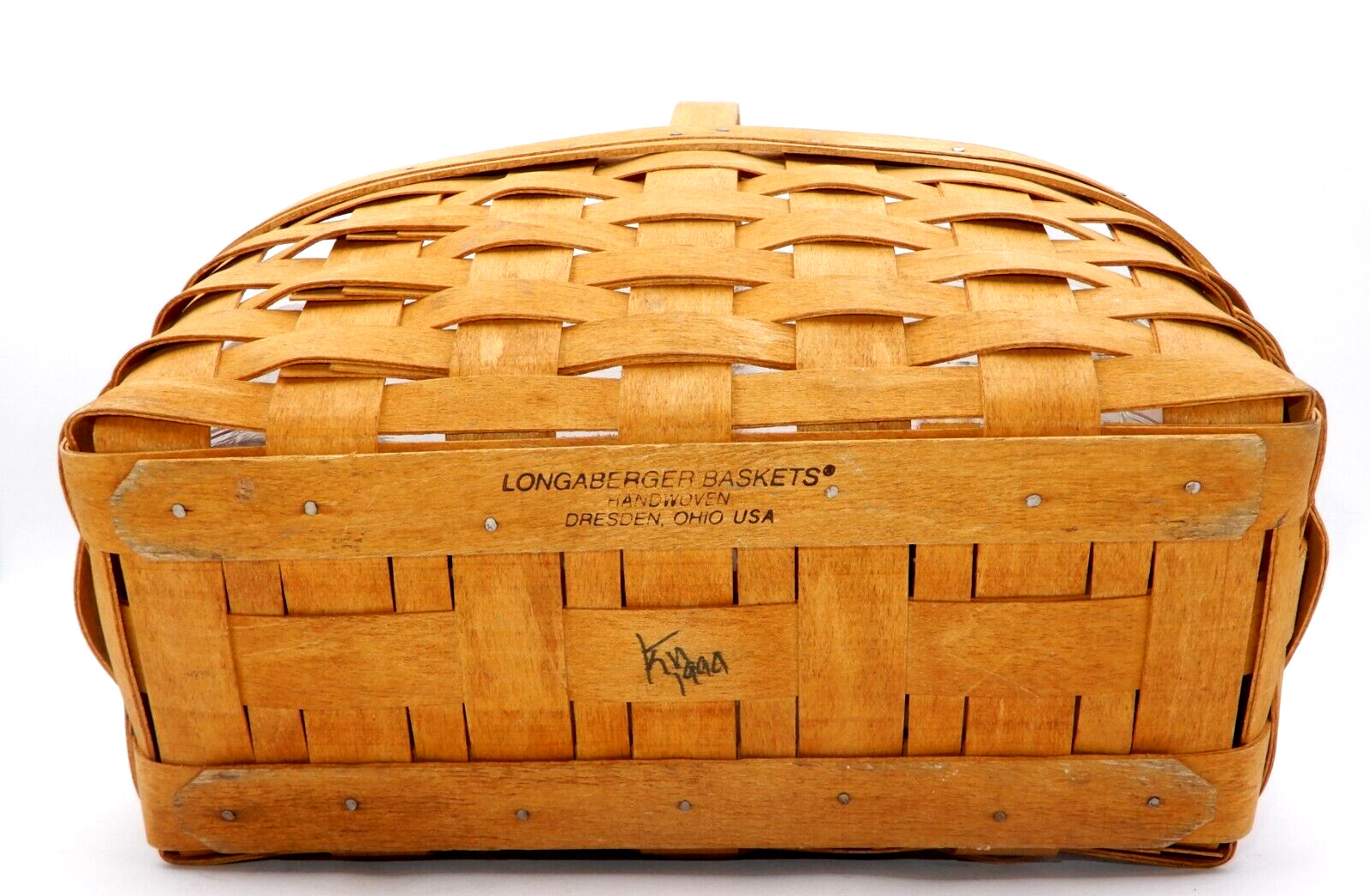 SINGLE HANDLE LONGABERGER BASKET W/ CHORE DIVIDER, PLASTIC & FABRIC LINERS 1999