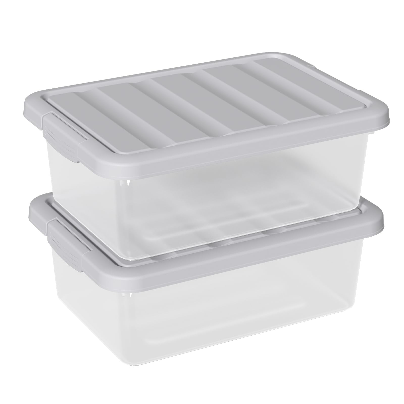14 Quart Plastic Clear Storage Bin, Stackable Latching Box with Grey Lid, 2 P...