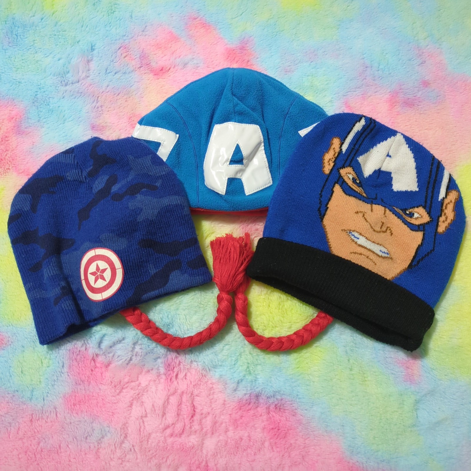Captain America Beanie Hats Winter Blue Red Marvel Lot Of 3