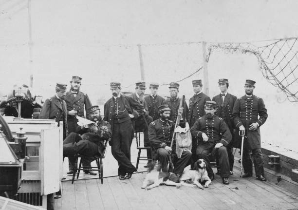 Officers On The Gunboat Miami With Two Dogs 1864 CIVIL WAR PHOTO
