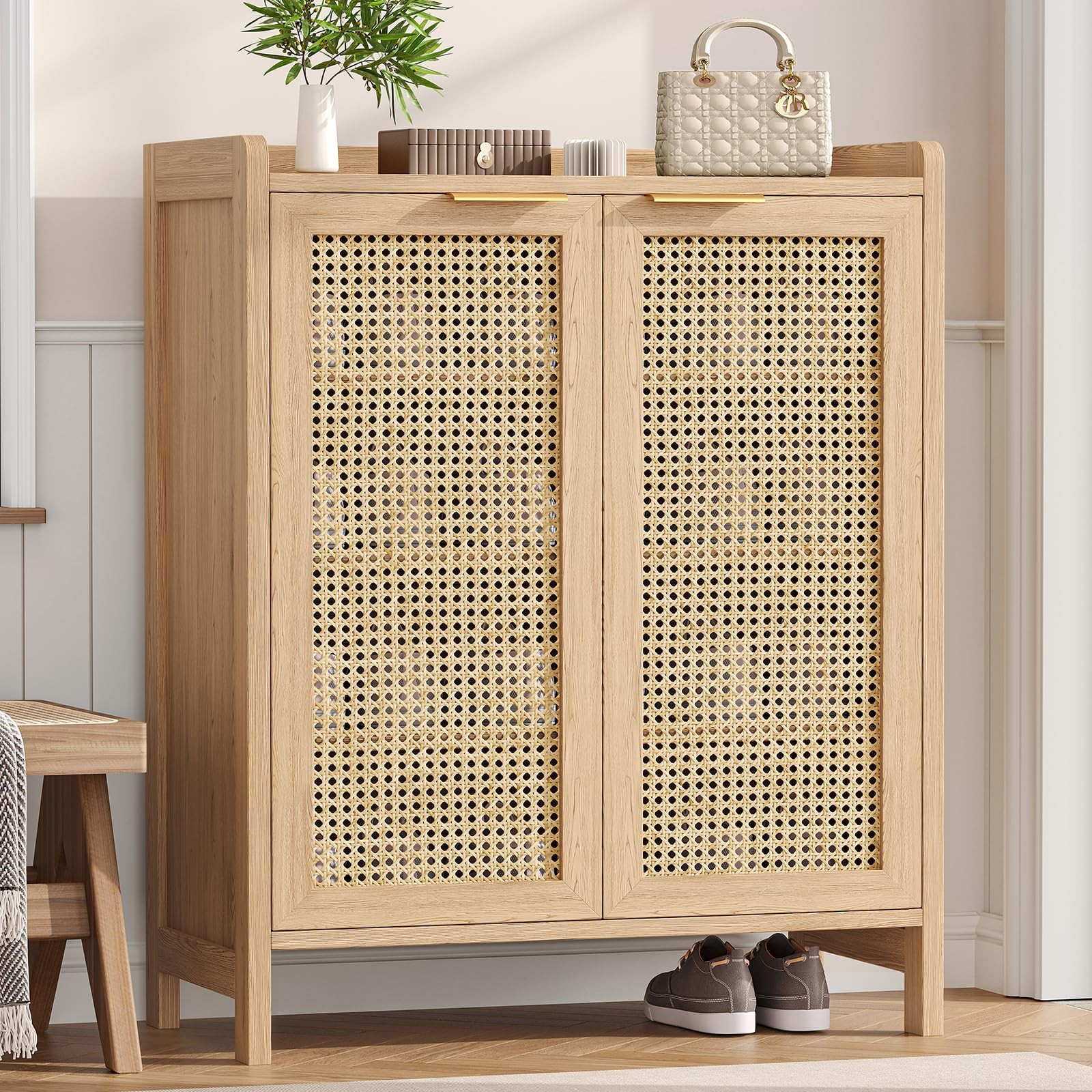 Rattan Shoe Storage Cabinet, 5-Tier Shoe Cabinet for Entryway, Wooden Shoe Ra...
