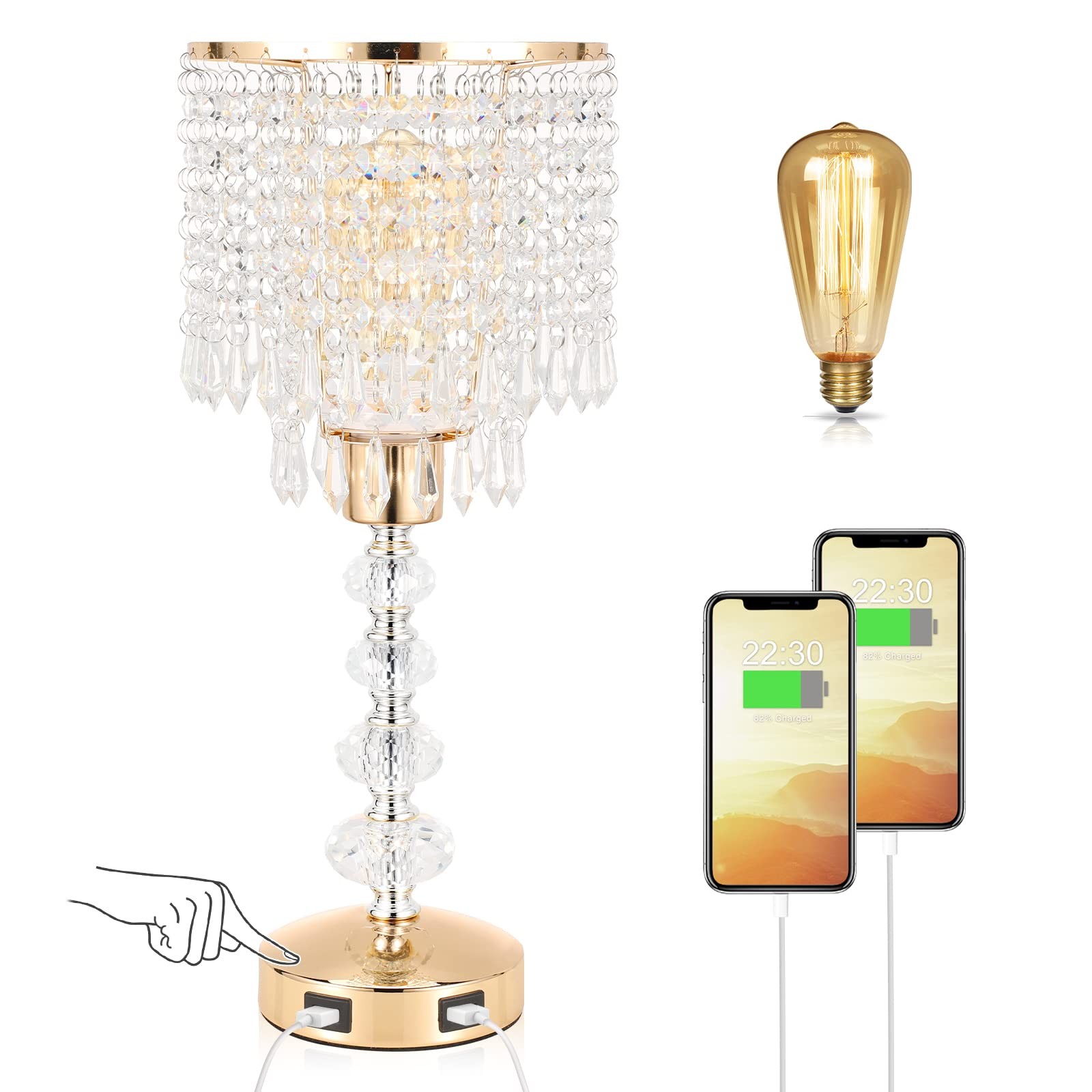 Acaxin Crystal Table Bedside Lamp Touch Control, 3-Way Medium-g, C:Gold
