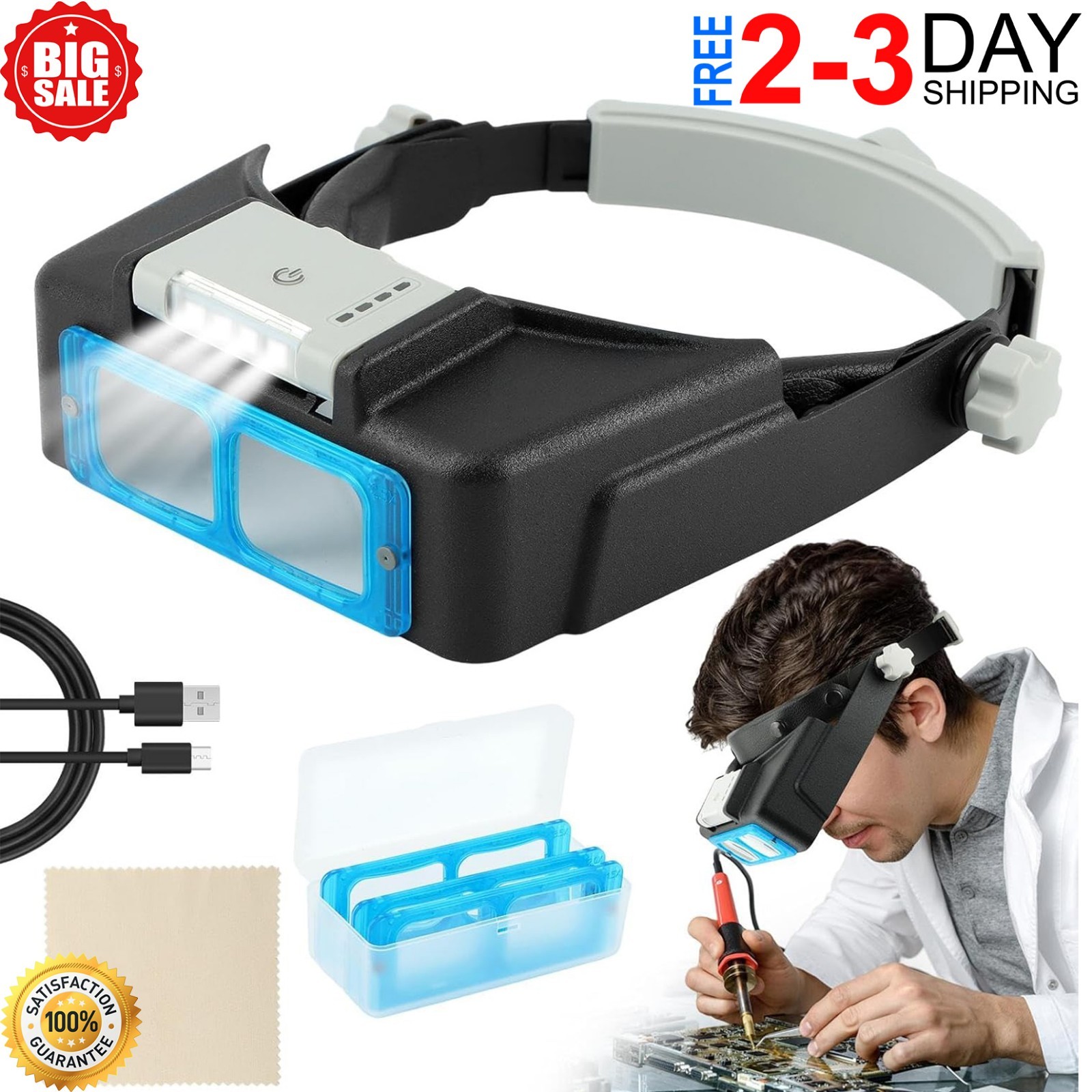 Headband Magnifier with Light,Rechargeable Magnifying Glasses for Close Work NEW