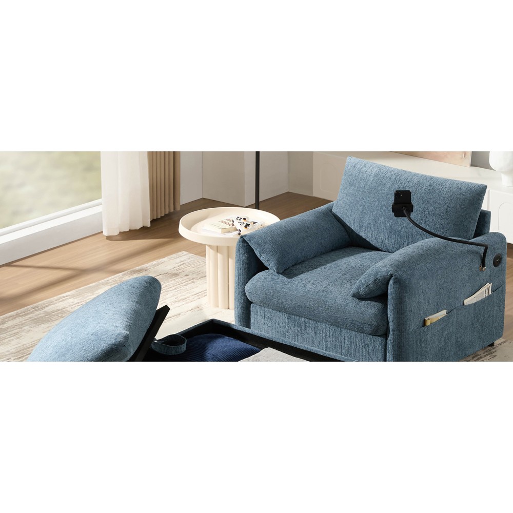37" Cloud Chaise Sofa w/ Storage Ottoman, Charger & Phone Holder, Blue