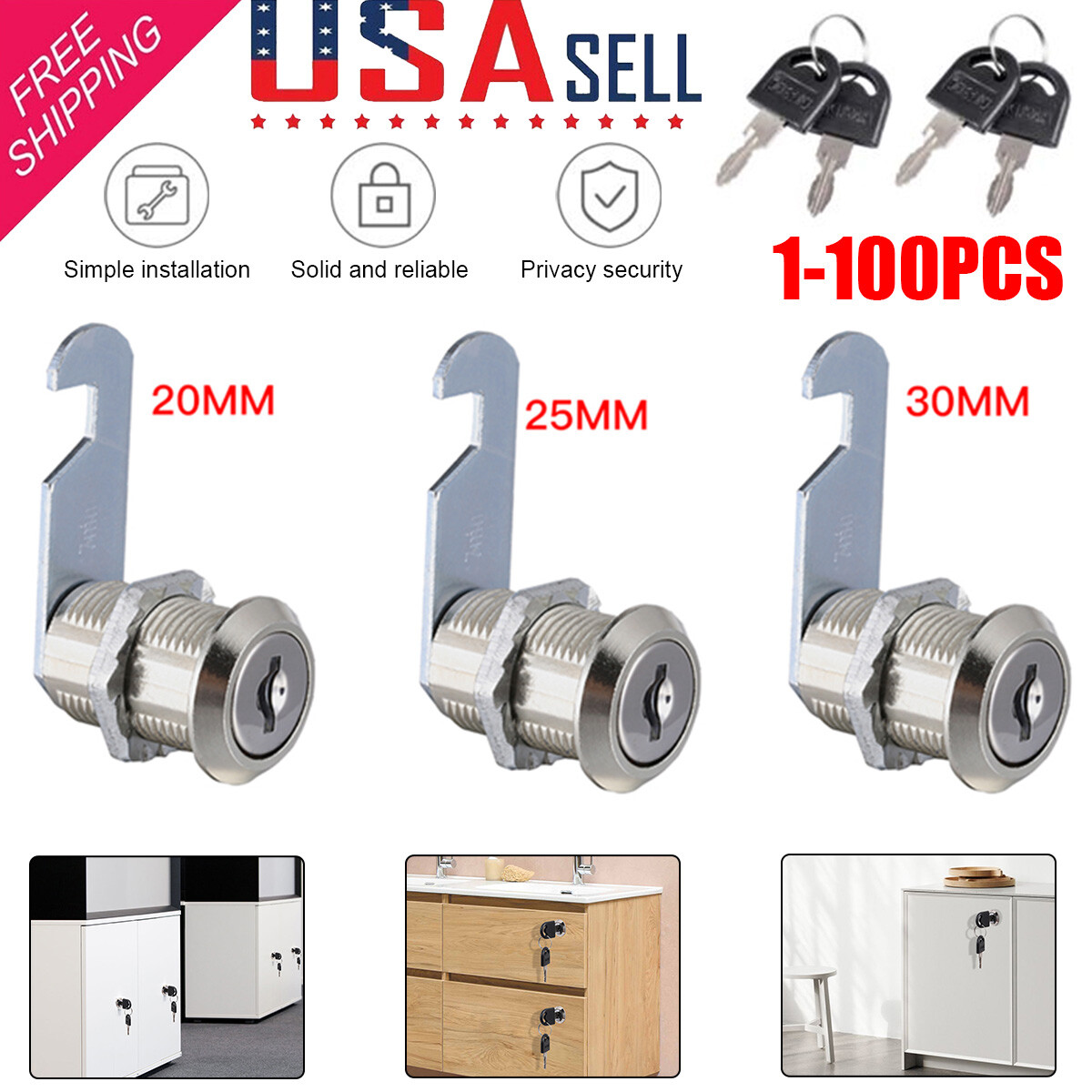 2/5/100 Pcs 3/4"  1"  1-1/8" Cabinet RV Cam Locks Keyed For Secure Drawer File