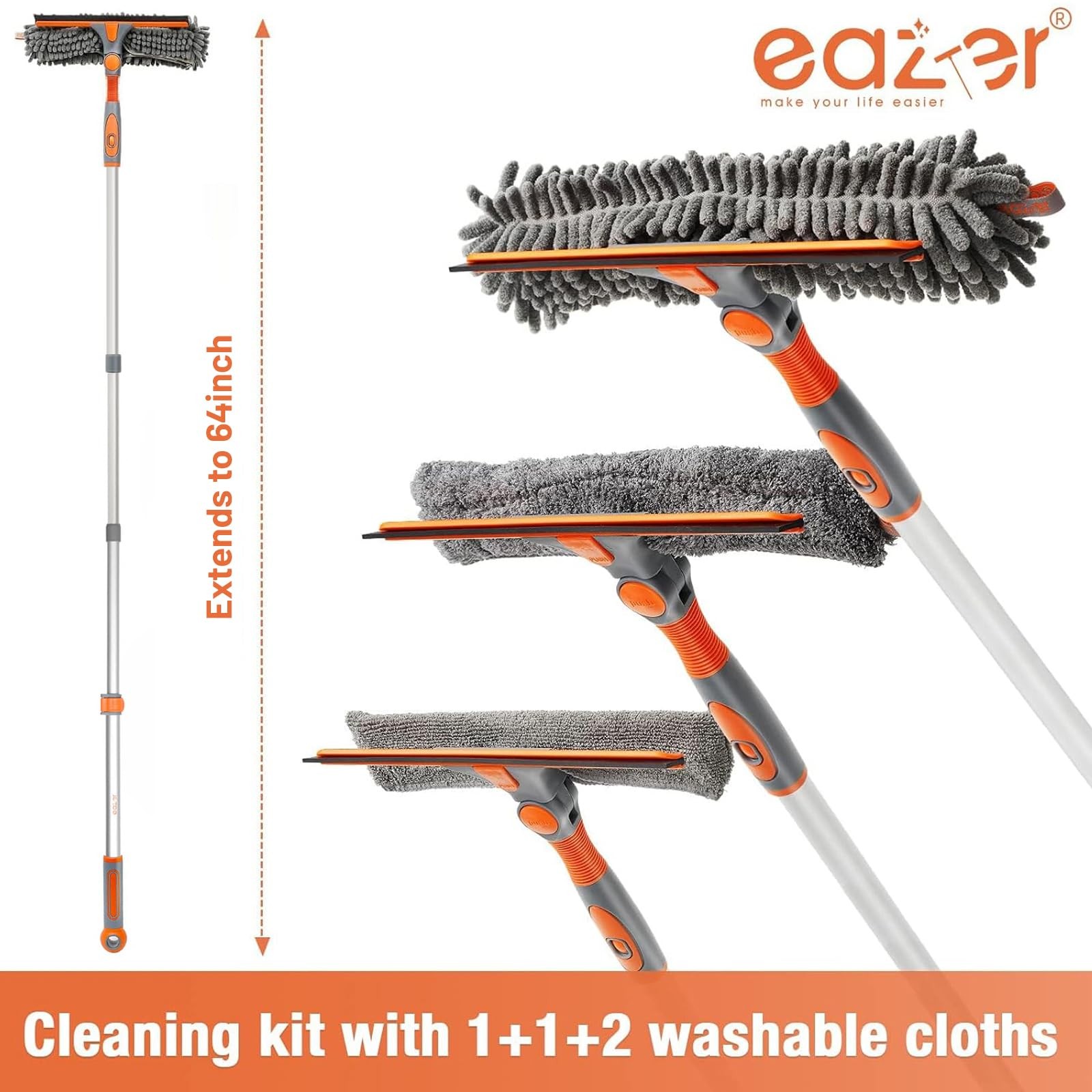 Eazer 2-in-1 Window Cleaner Tool, 64'' Squeegee for 64inch, Orange
