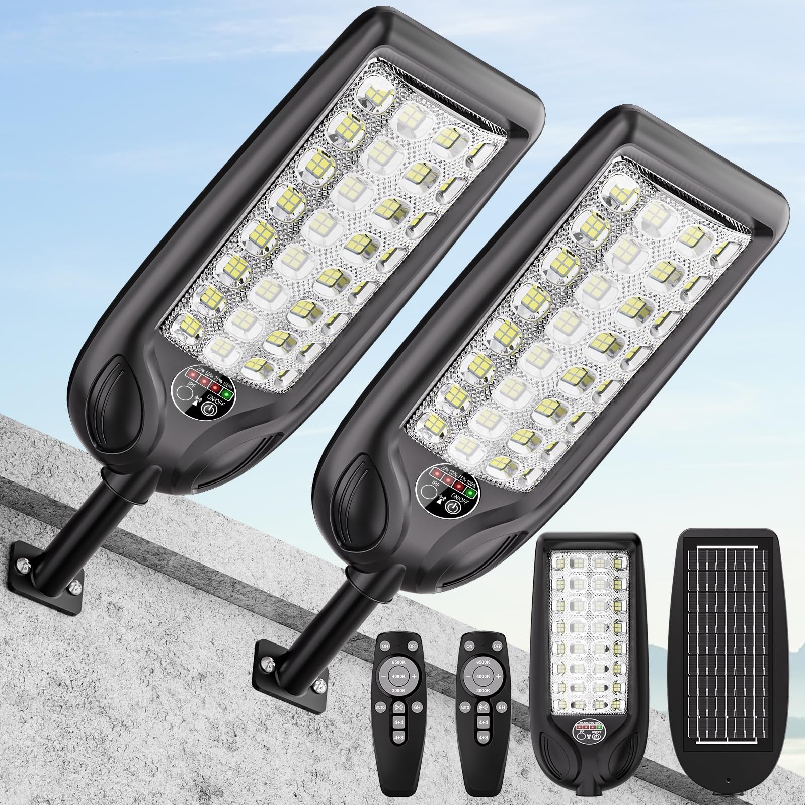 Solar Street Lights Outdoor, 3 Color Warm White LED Dusk to Dawn IP65 Waterpr...