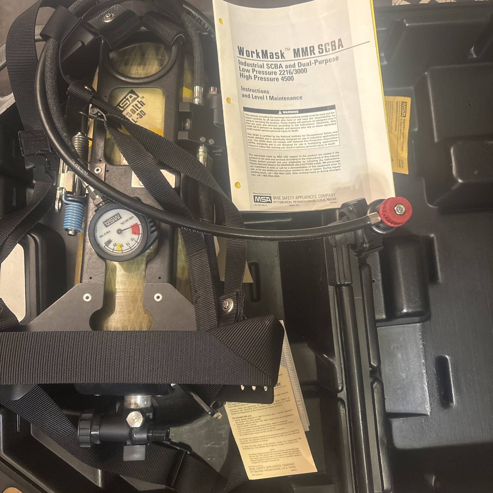 MSA WorkMask SCBA Harness, Stealth L-30 Tank, Manual And Hard Case. No Mask.