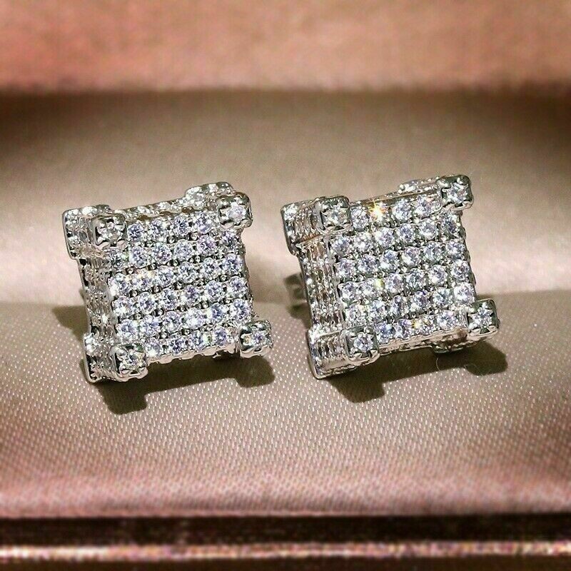 2Ct Lab Created Round Cut VVS1 Diamond Men's Stud Earrings 14K White Gold Finish