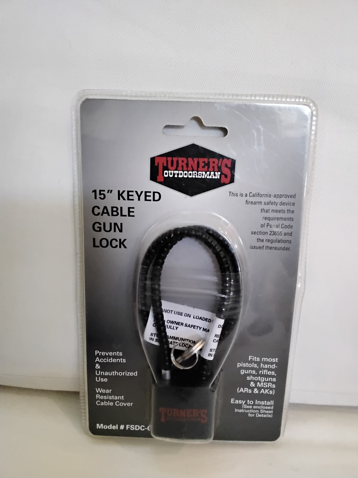 Turner's 15" Keyed Cable Lock California CA Approved Pistols Rifles Shotguns ARs