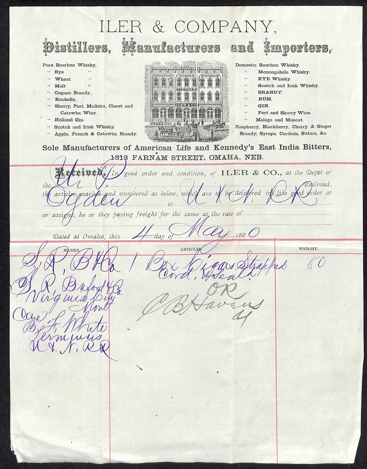 Iler & Company Omaha, NE 1919 Pre-Pro TLS R.R. Depot Receipt / Letterhead Scarce