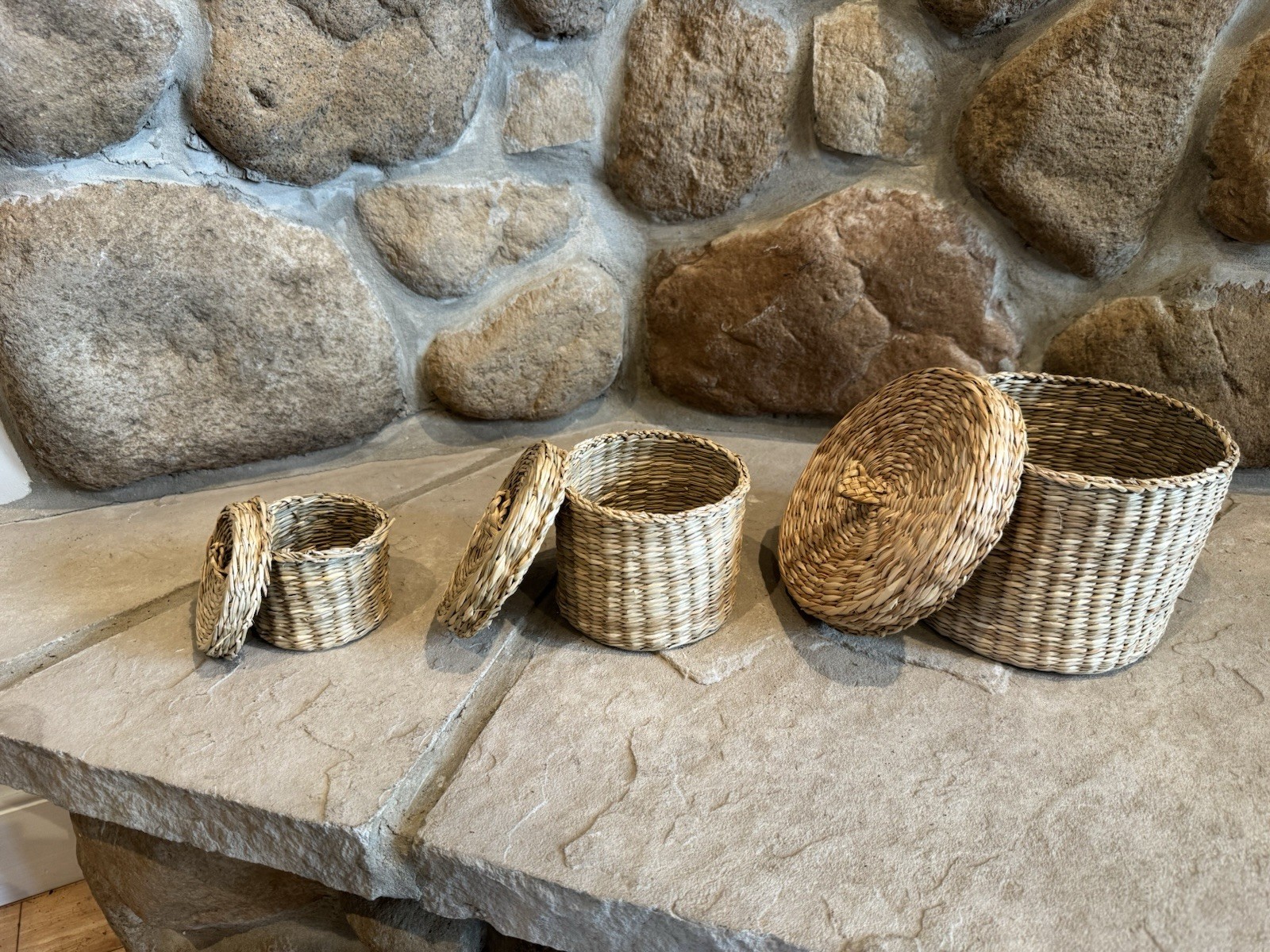 Set of 3 Round Nesting Baskets With Lids Rope Design Boho trinket containers