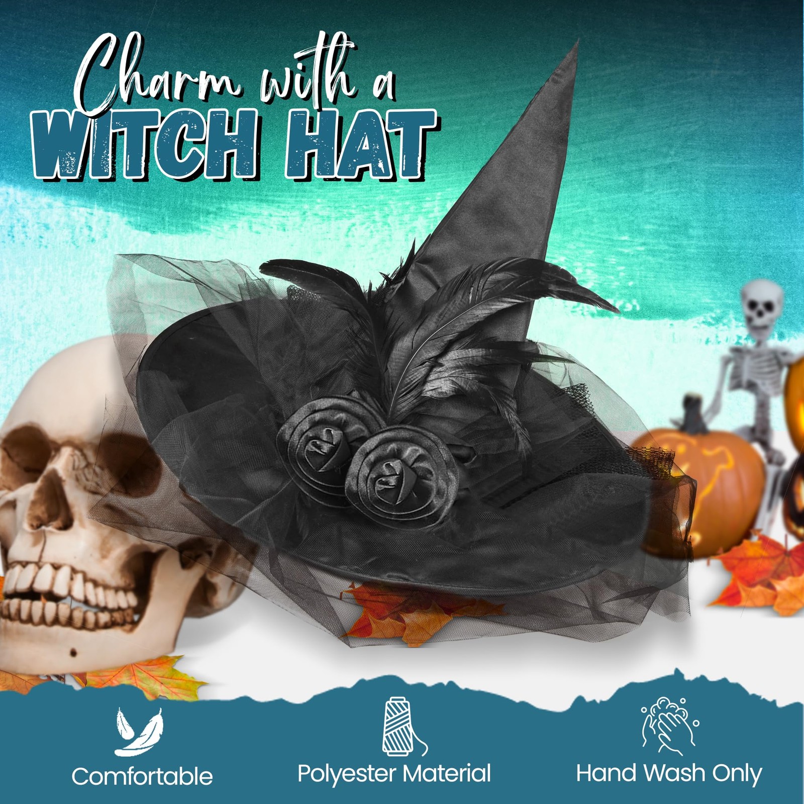 Halloween Witch Hat for Women - Black Witch Hat with Feathers and Black Lace