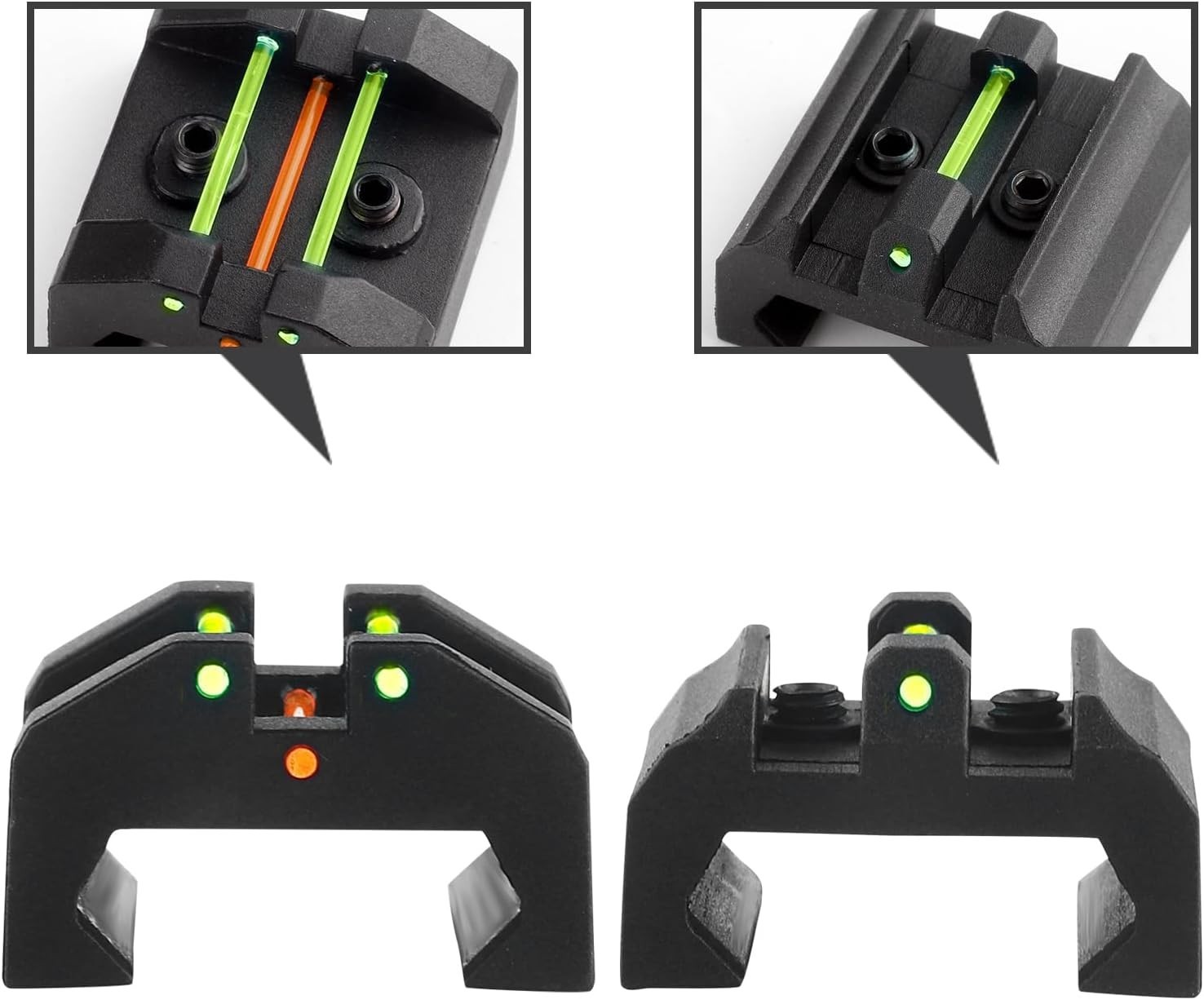 Low profile fiber optic front and rear sights for enhanced targeting performance