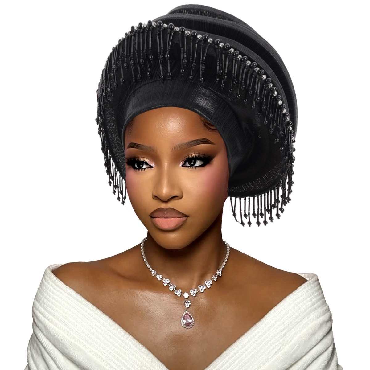 African Women Head Wrap Turban Bonnet Cap Tassels Headwear Nigerian Headtie Hat