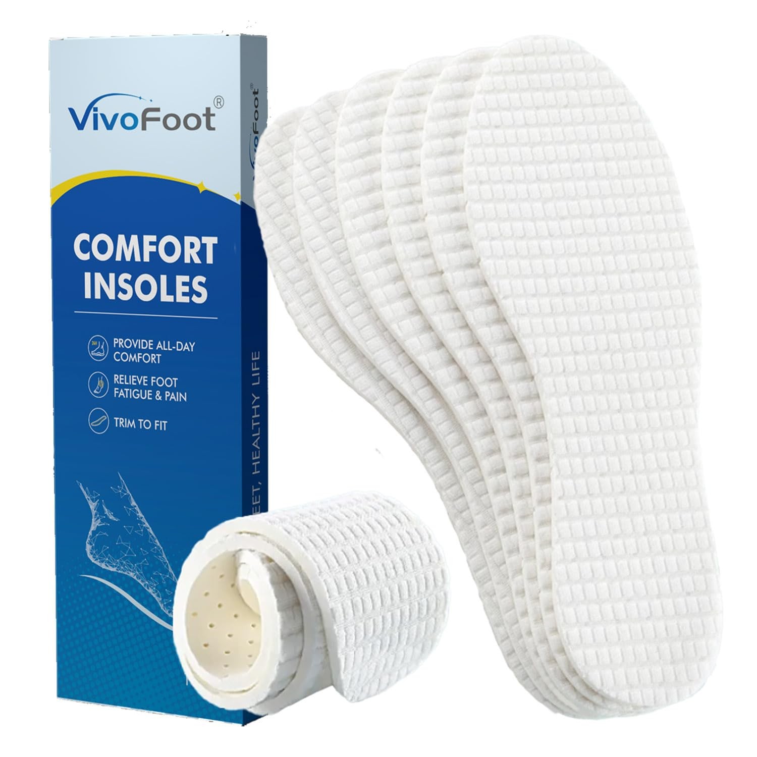 VivoFoot 3 Pairs Anti Odour Cotton Insoles, Breathable Adult Cotton, White