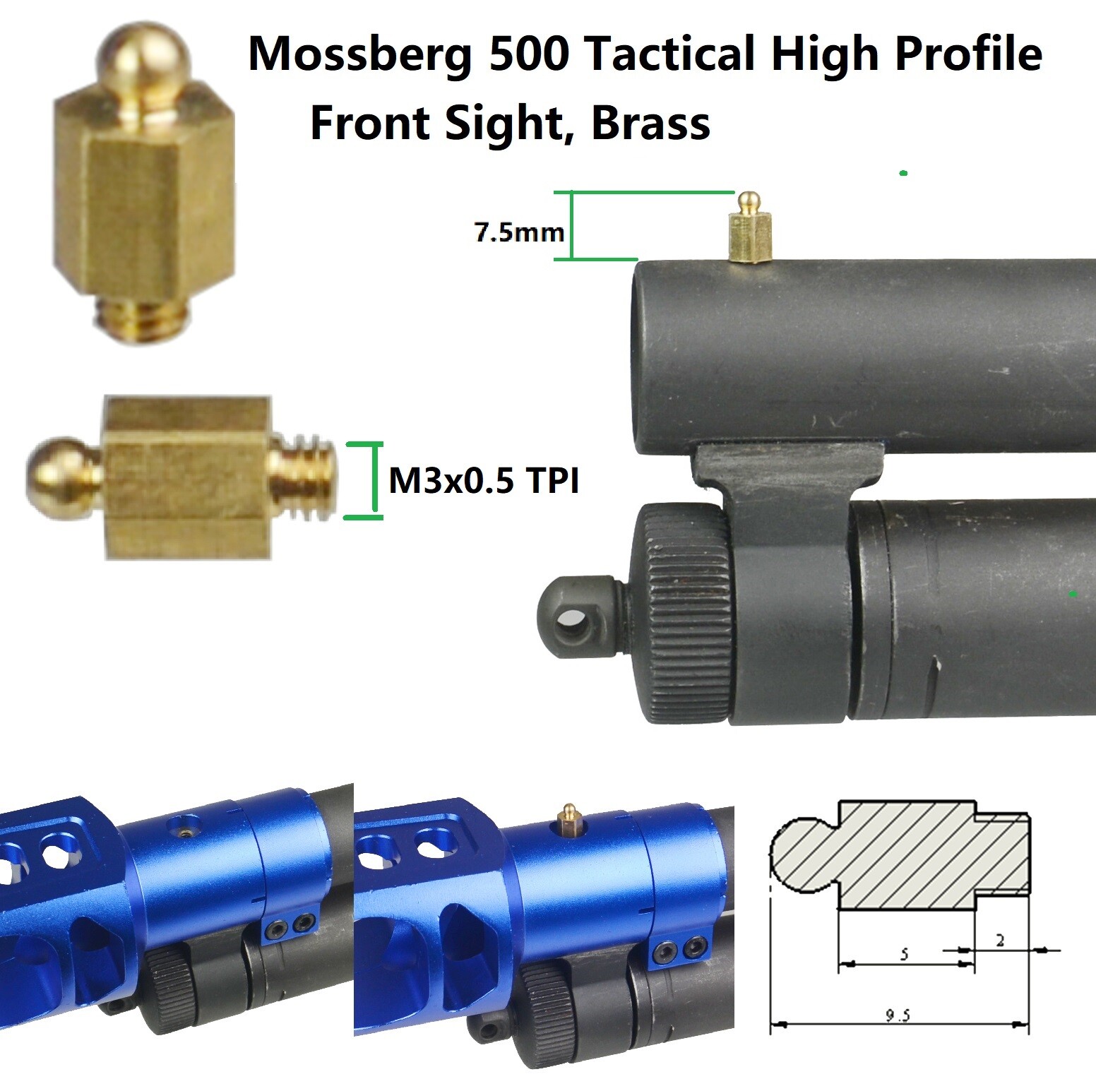 Tactical Mossberg 500 590 High Profile Brass Front Sight Total Height 7.5 mm