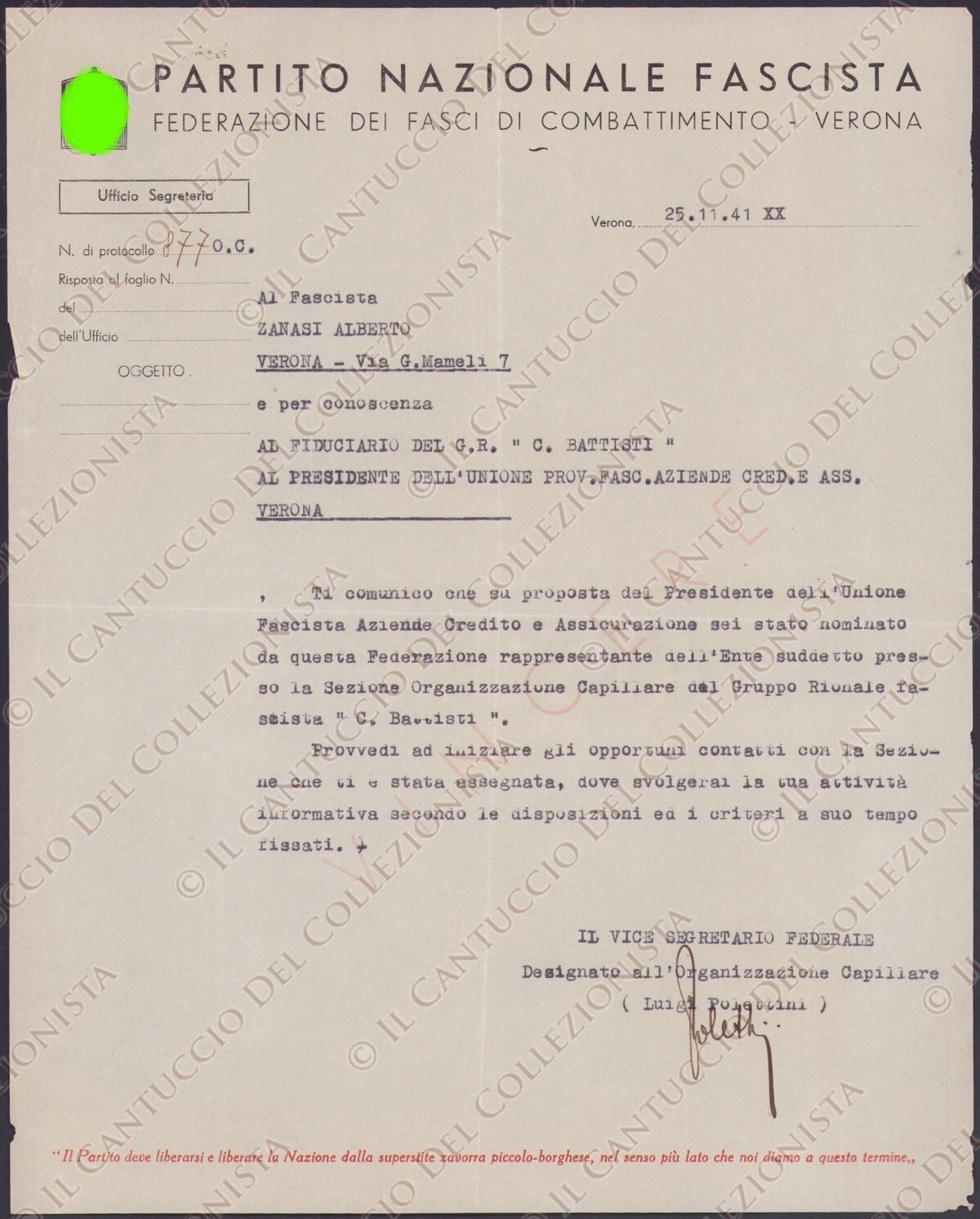 1941 VERONA Partito Nazionale fascista Gruppo Cesare Battisti Documento