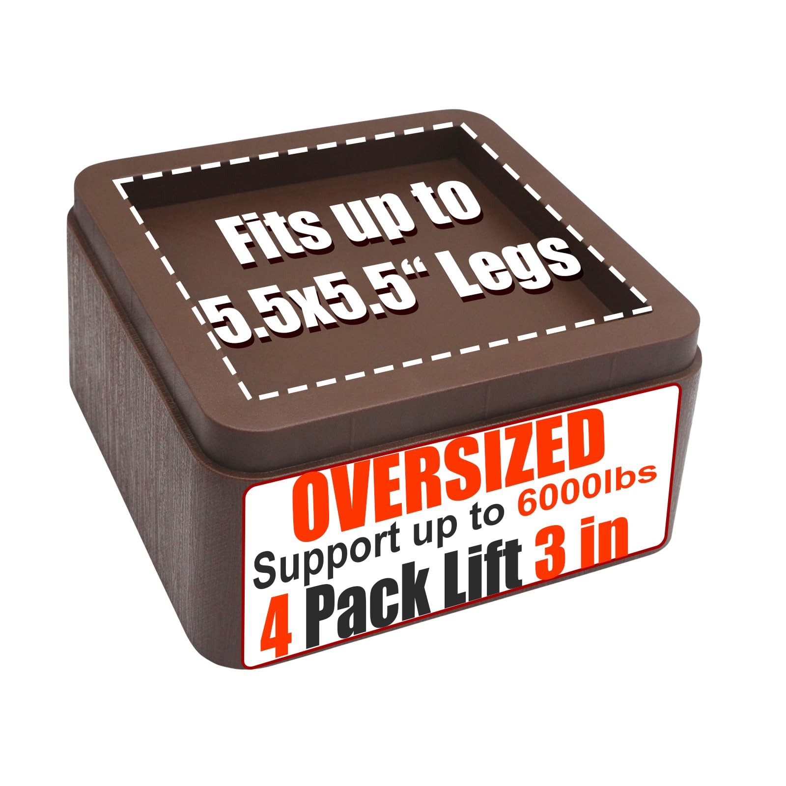 4 PCS Brown Bed Risers 3 Inch Oversized Fit 5.5" Legs Heavy Duty 6000 Lbs