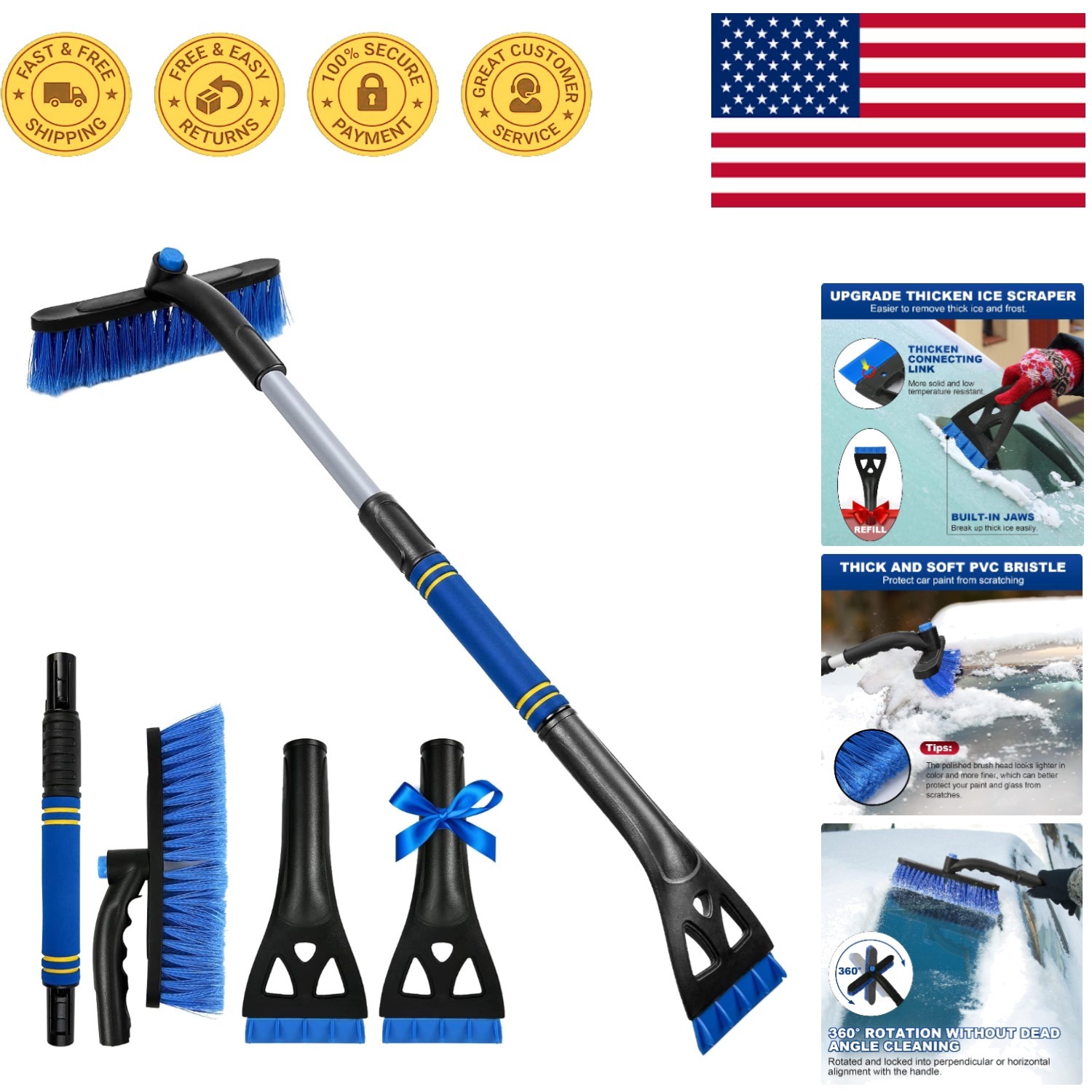 3-in-1 34" Ice Scraper & Snow Brush with 360° Pivoting Head - Blue