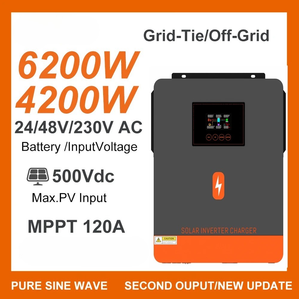 4.2KW 6.2KW On-Grid Pure Sine Wave Solar Inverter DC 24V 48V 220V AC MPPT 120A