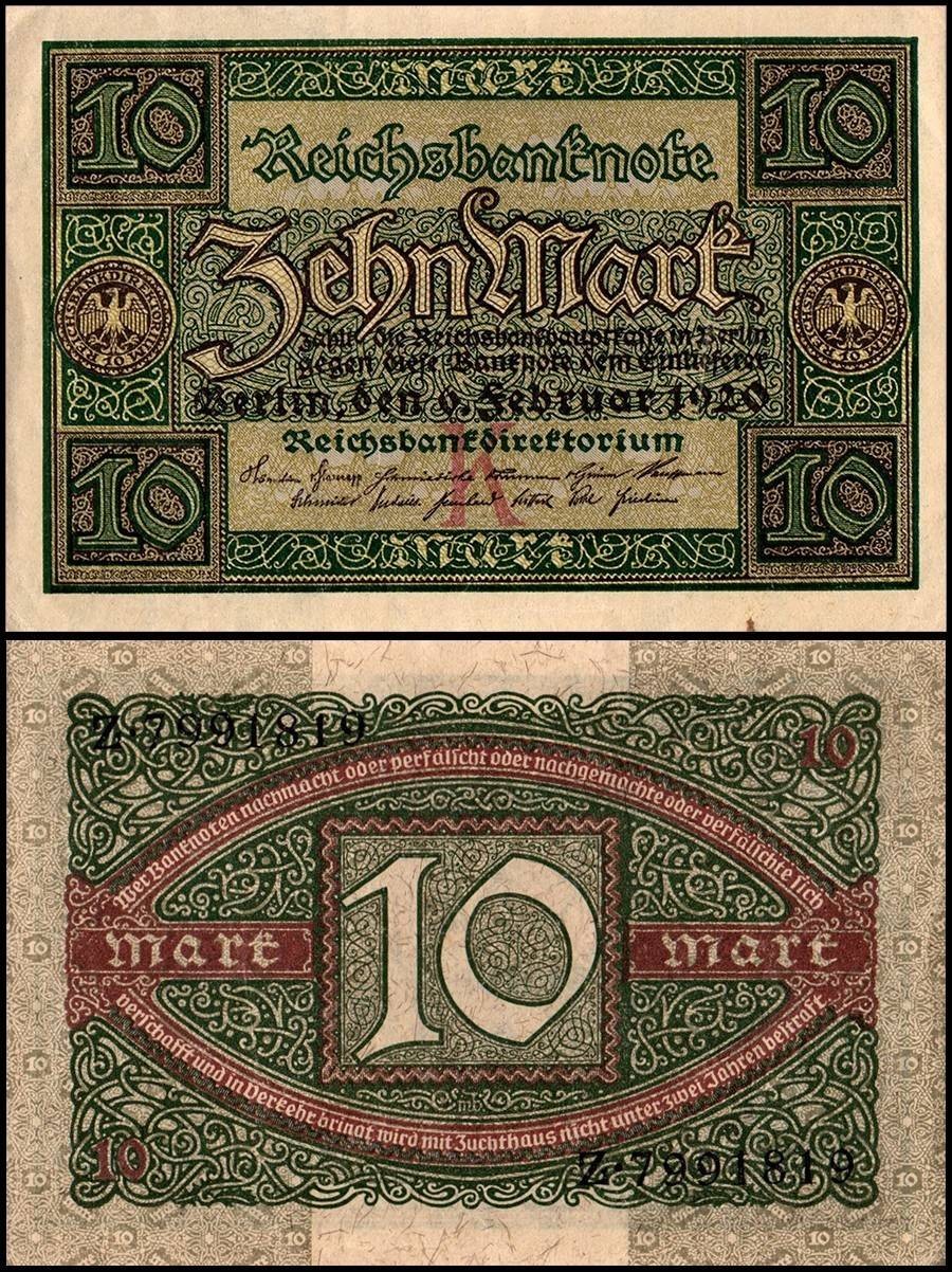 Germany 10 Mark, 1920, P-67, Used