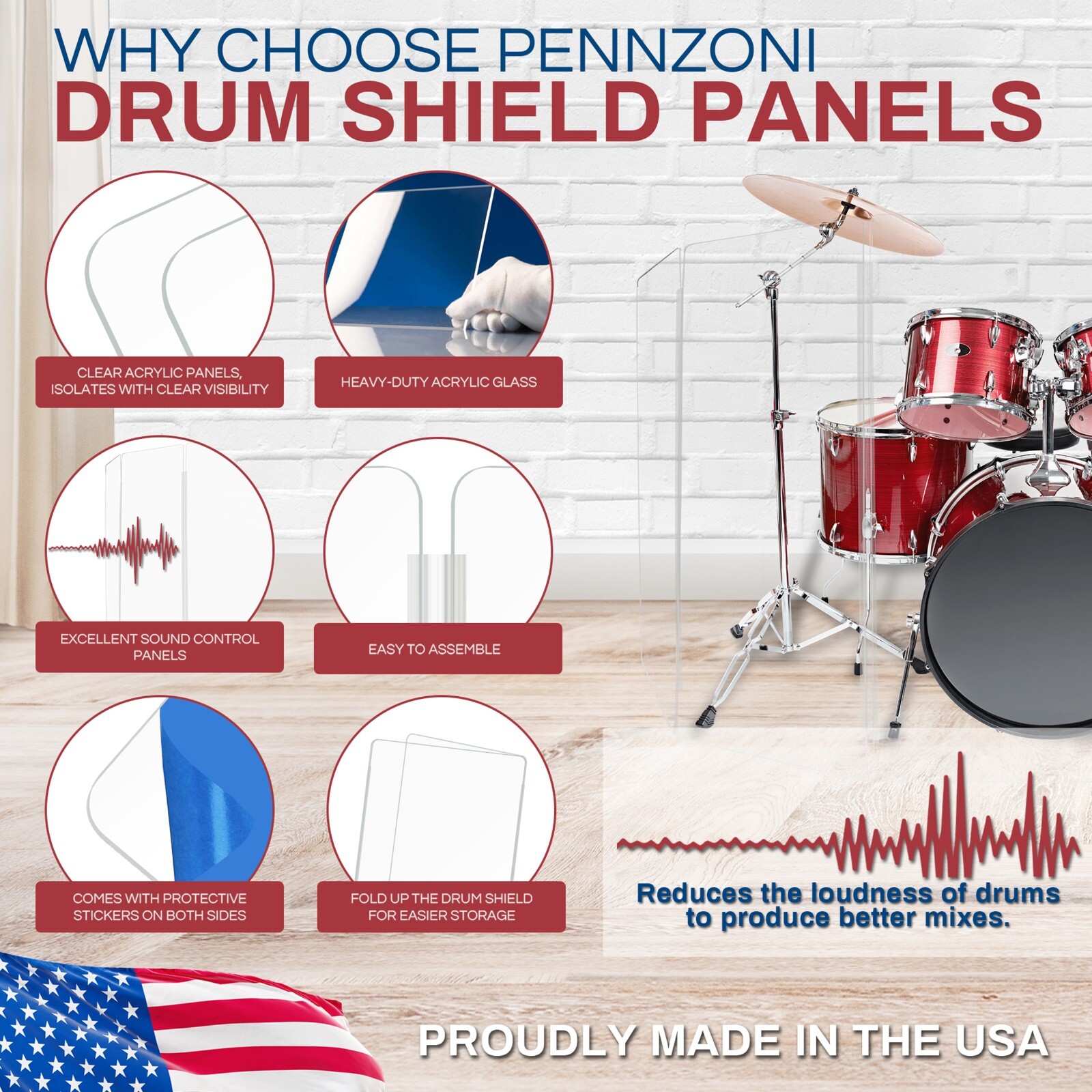 Drum Shield Drum Screen Five Panels 2ft x 4ft with Living Hinges