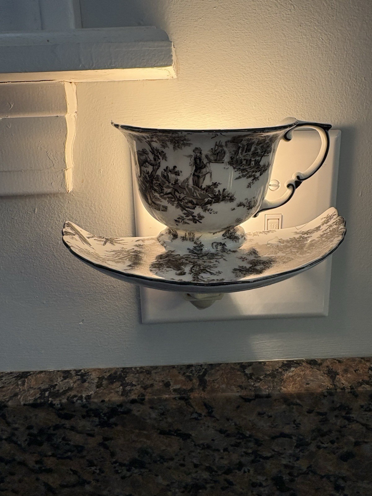 Porcelain Toile Design Teacup Night Light Black Transferware