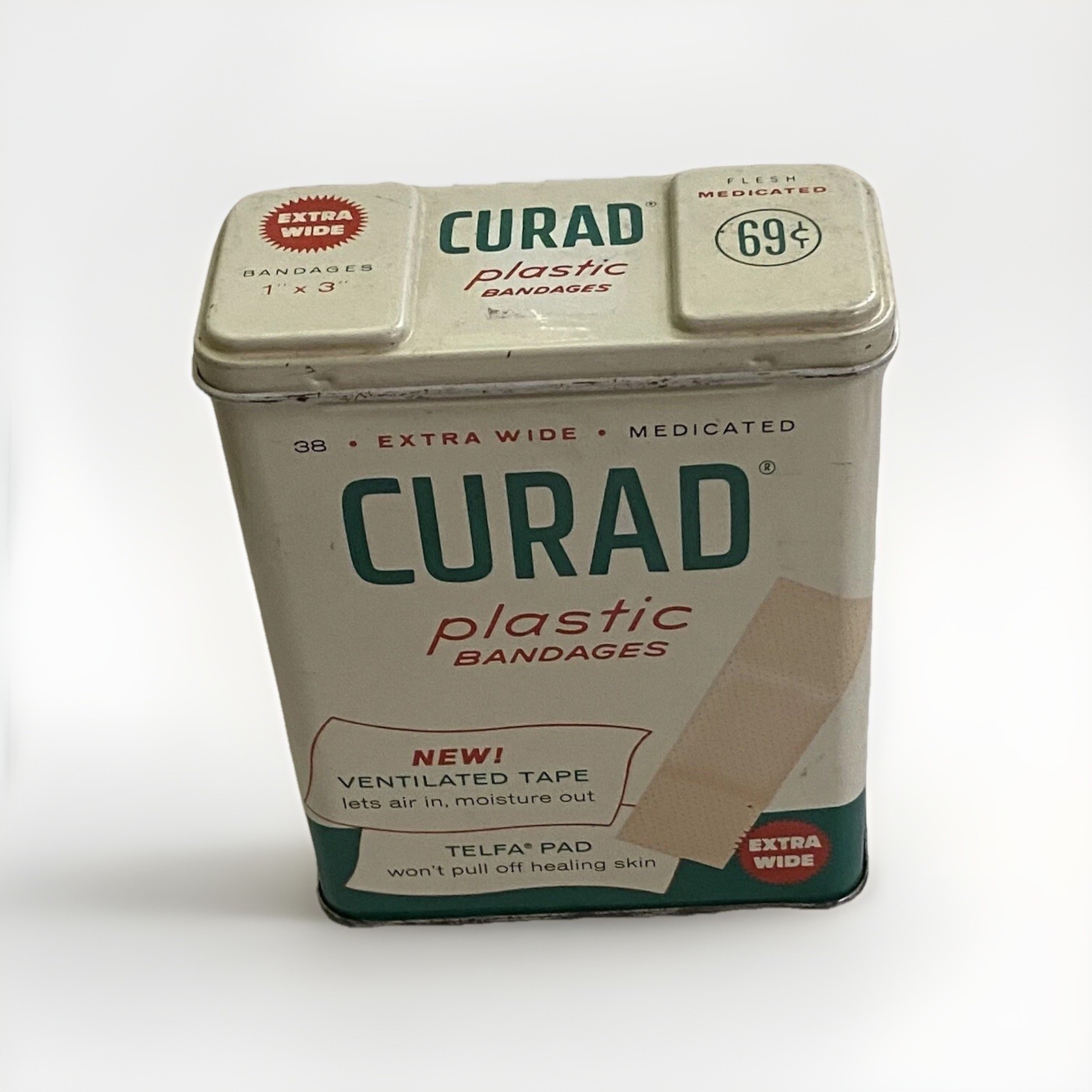 VINTAGE Tin Box Curad Band-Aids Extra Wide Medicated Bandages 4"x2-1/2"x1-1/8"