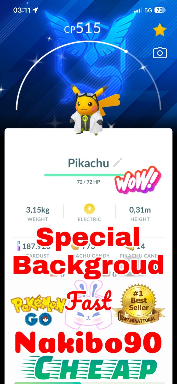 Pokemon✨Shiny Professor Willow’s assistant Pikachu team Mystic✨TRA DE✨Go✨P’TC✨