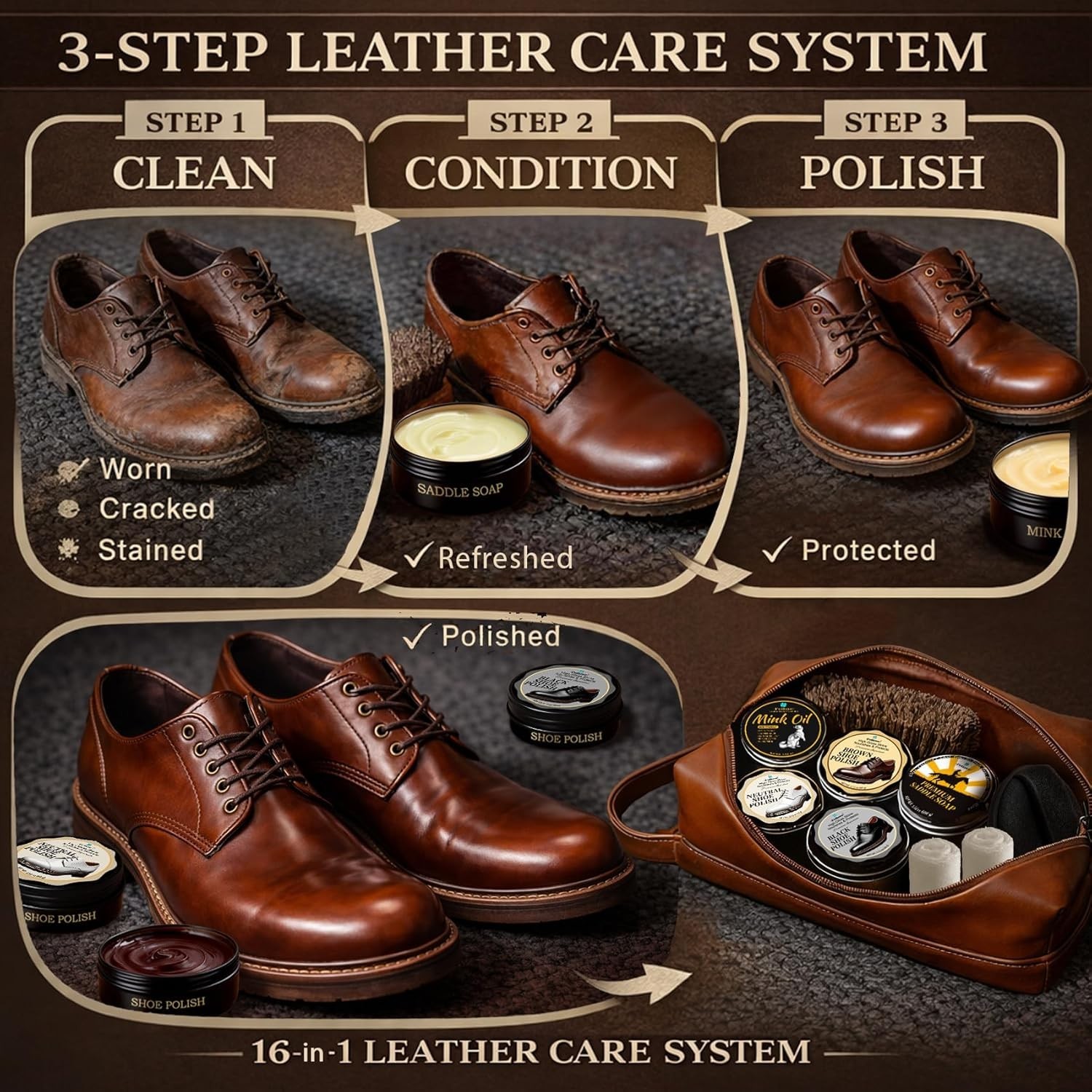 All-in-One Leather Shoe Polish Kit: 3-Step Cleaning Routine with Tools