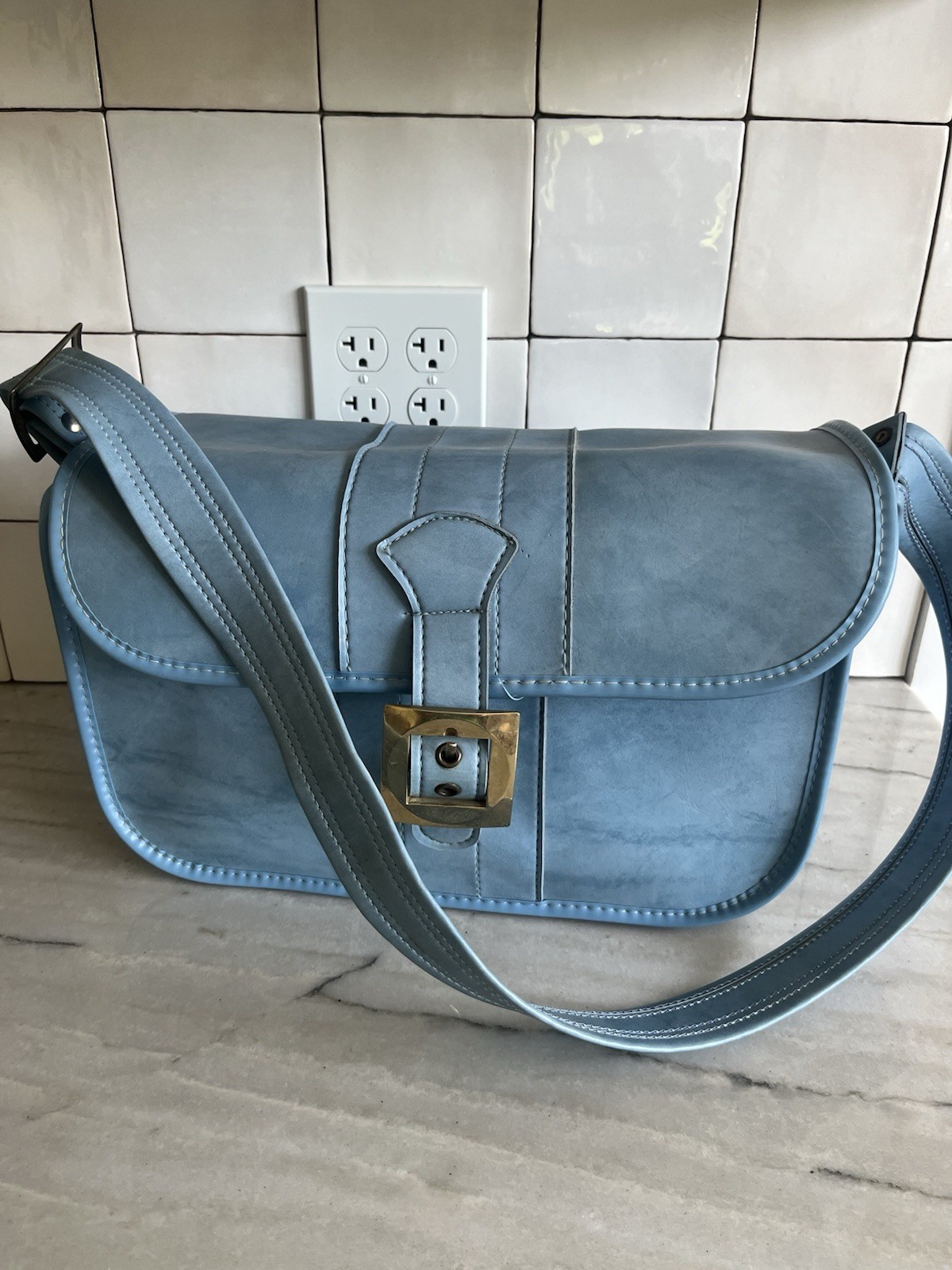 Vintage Light Blue Leather Overnight Carry On Shoulder Bag Travel Suitcase