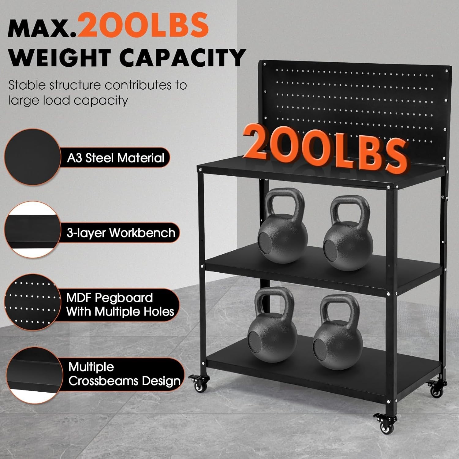 50.4” Heavy-Duty Workbench with Pegboard & Lockable Wheels – 600 lbs Capacity