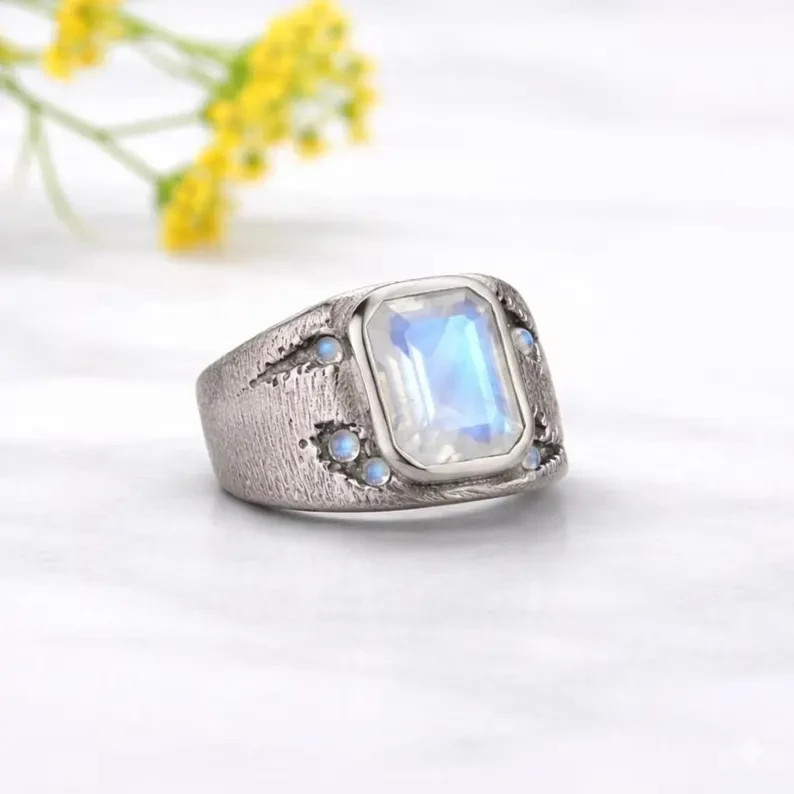 Rainbow Moonstone Ring, 925 Sterling Silver Gemstone, Mens Statement Ring, Gift
