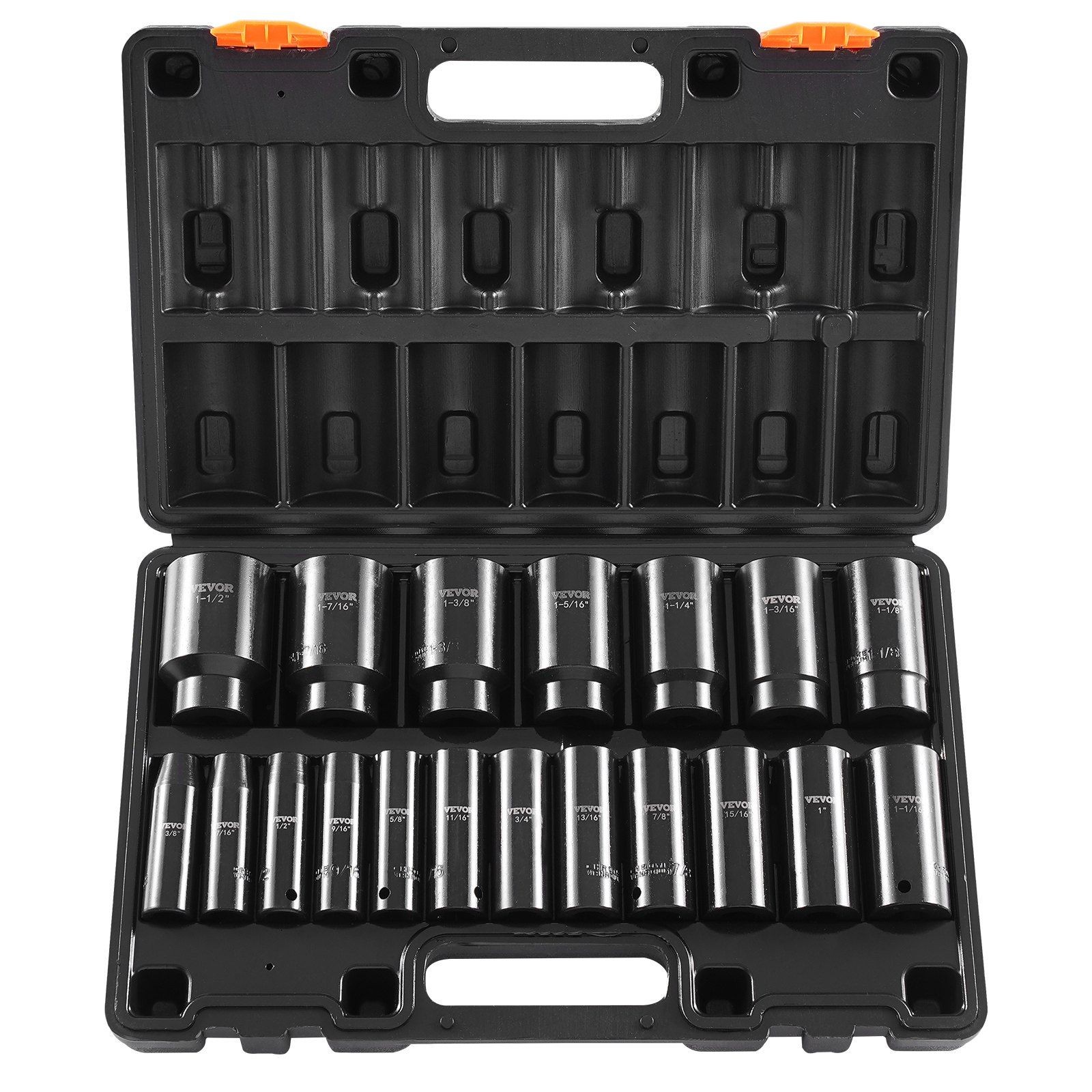 High-Torque 1/2in 19pc Deep Impact Socket Set 6-Point 3/8-1-1/2in Cr-V Case