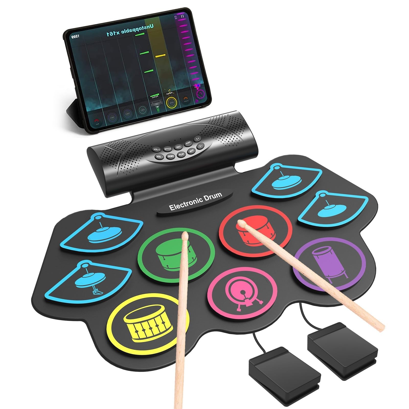 9 Pad Electronic Drum Set, Roll Up Portable Drum Pad Kit with MIDI Bluetooth,...