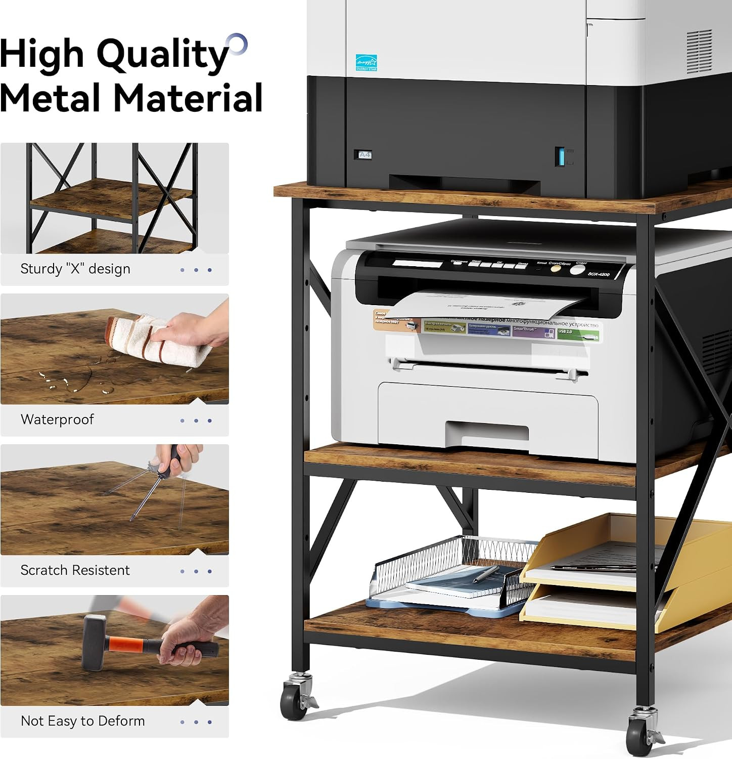 24"X24"X30" Large Printer Stand with Storage, 3 Tier Rolling Printer Cart Table,