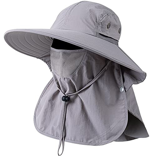 Mens Women Fishing Hat UPF 50+ Wide Brim Sun Hat with Face Cover One Size Grey