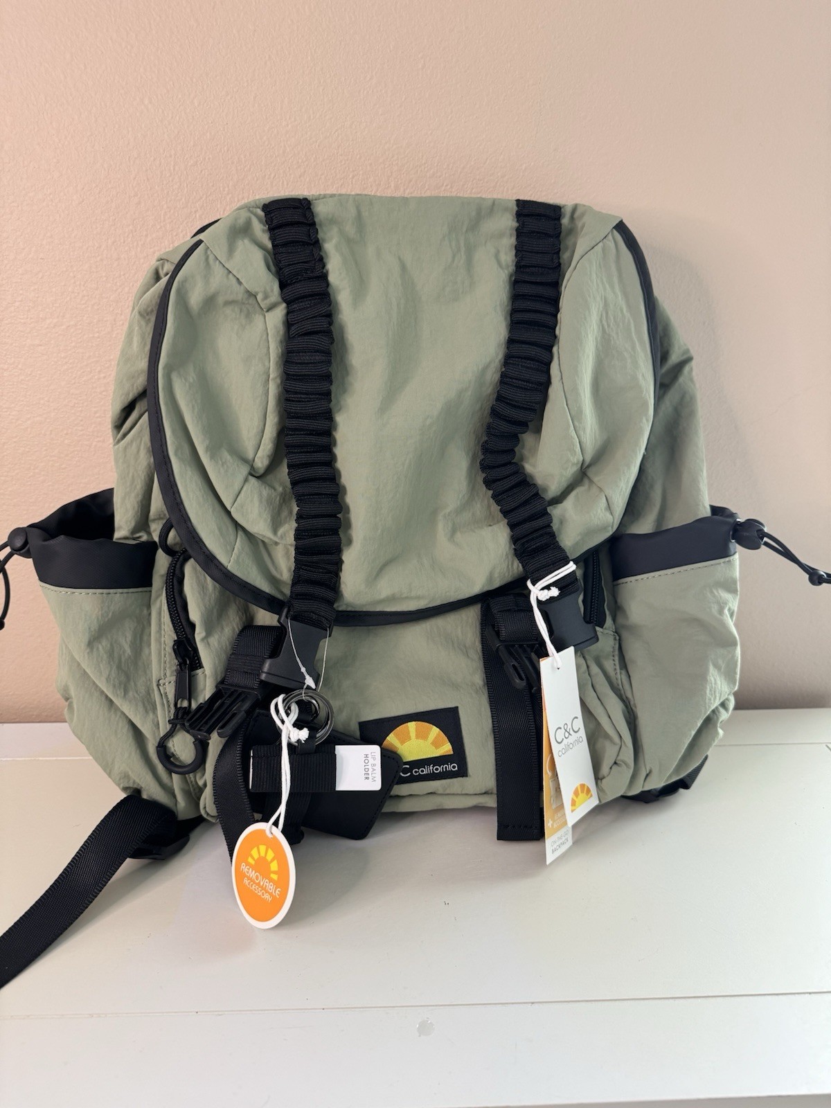 C&C California Khaki Black Hiking Backpack Drawstring 3 Pockets NEW W/ Tags