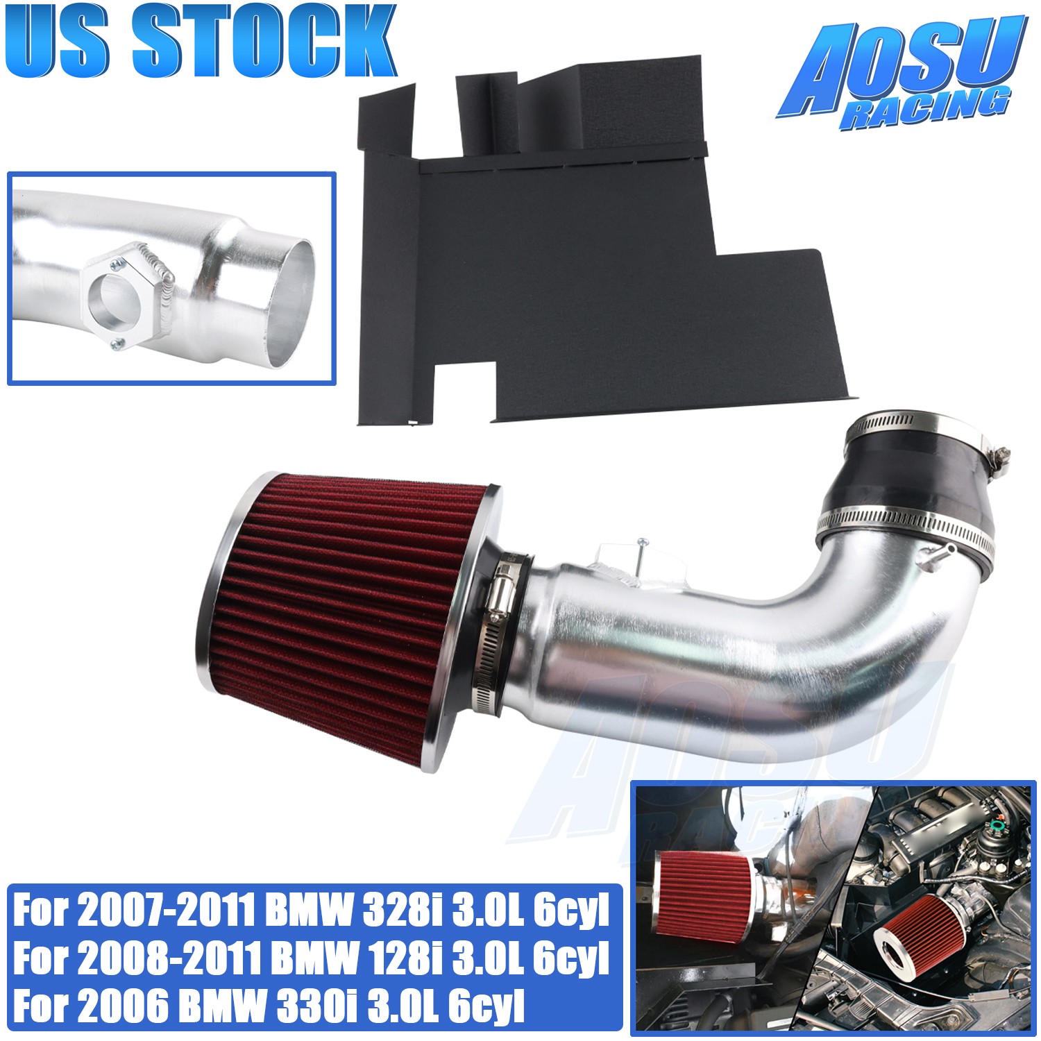 For BMW 2007-11 128i 328i 3.0L 6cyl 330i 2006 Heat Shield Cold Air Intake Filter