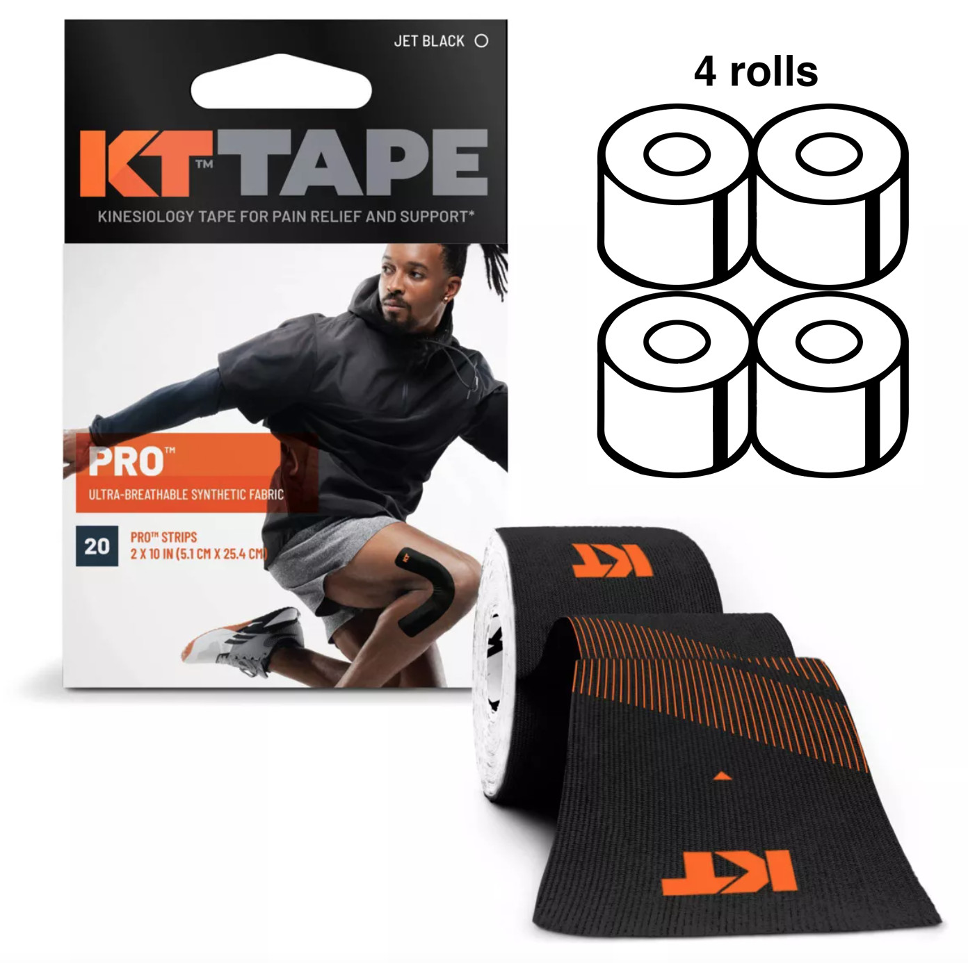 KT Tape Pro 20 Strip 10" Precut Jet Black~ New Lot of 4 Kinesiology Sports Tape