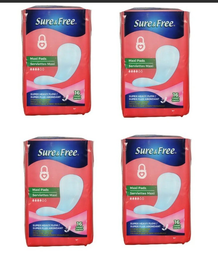 Maxi Pads LOT 4 Sure & Free16-ct. Pack Feminine Care Sanitary Super Heavy Flo