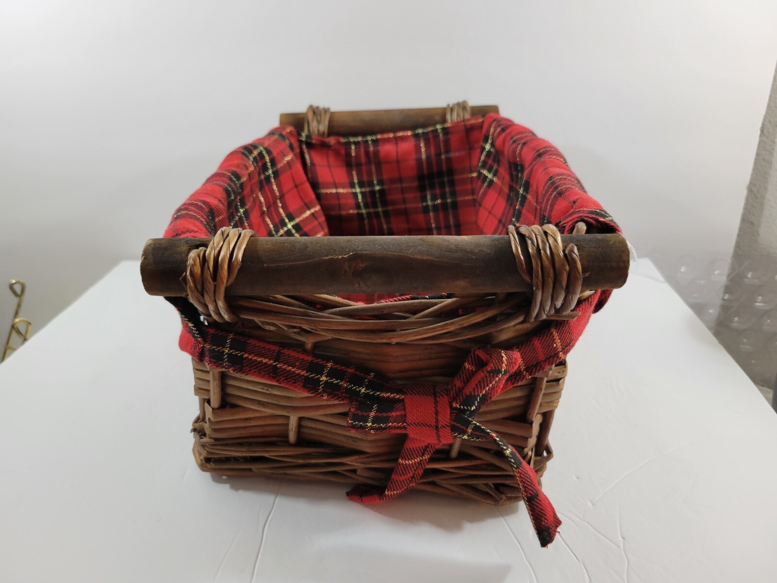 Wicker Basket Red Plaid Liner Rectangle Handles