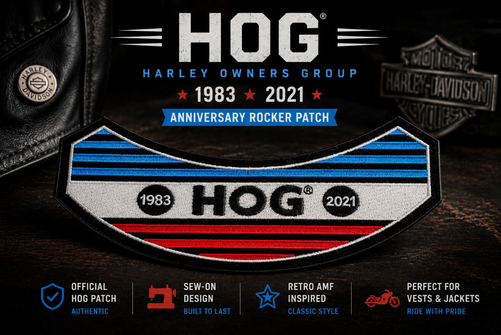HOG Harley Owners Group 1983-2021 Anniversary Rocker Patch Retro AMF Style 5.75"