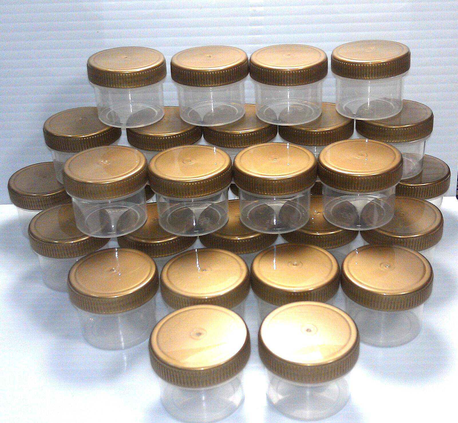 12 Plastic Jars 1oz Containers Gold Caps Party Favors candy nuts DecoJars 4304
