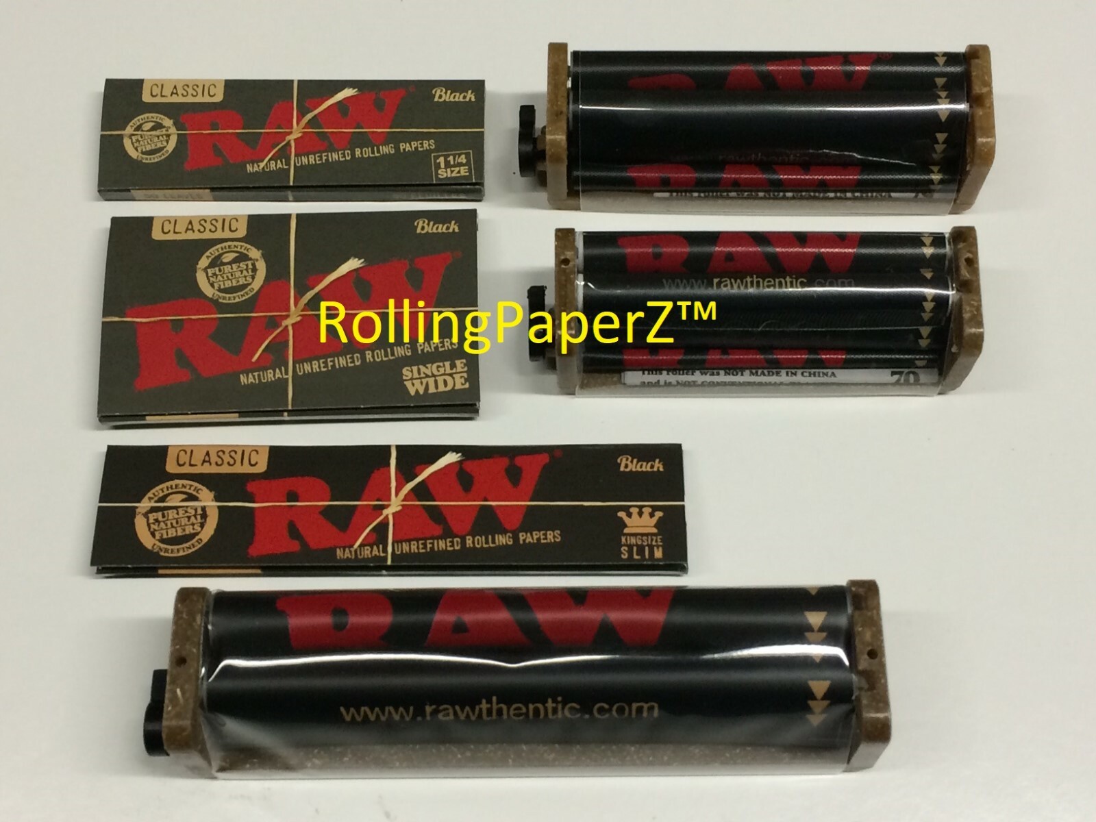 RAW BLACK Cigarette Papers Single Wide+1 1/4+King Size+70+79+110mm 2-Way Rollers
