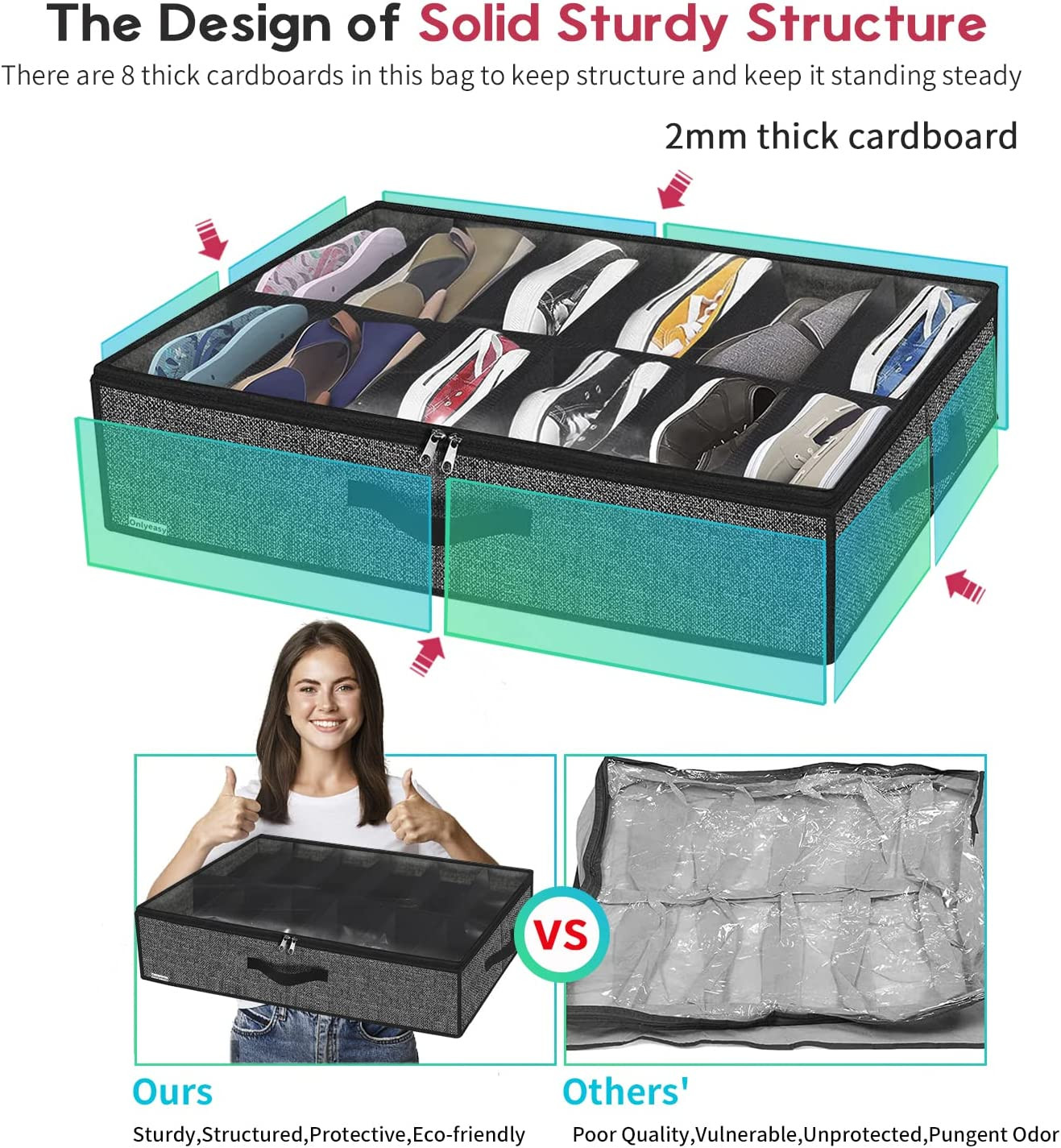 Sturdy under Bed Shoe Storage Organizer, Set of 2, Fit 12 to 24 Pairs, Underbed