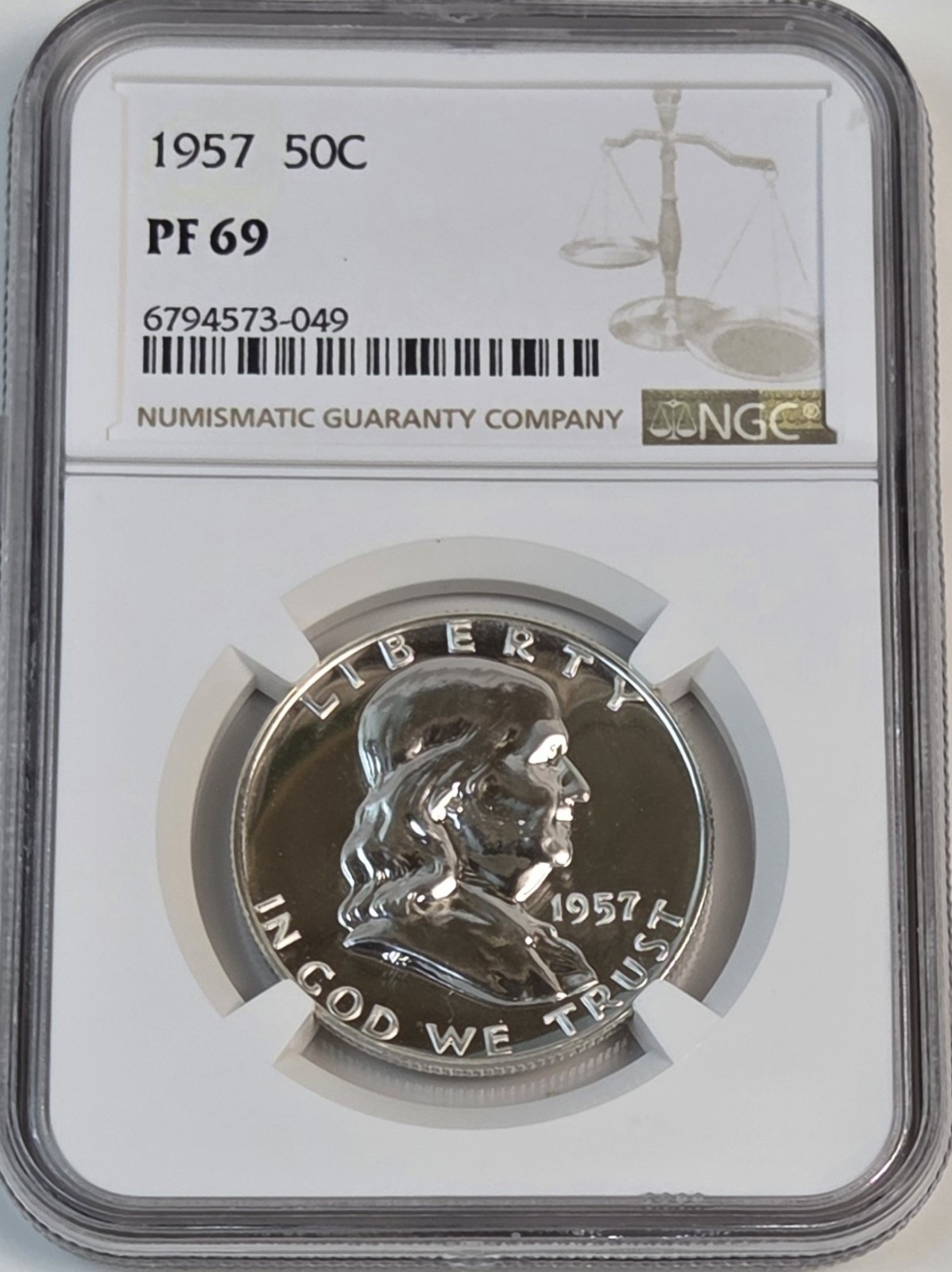 1957 Ben Franklin Half Dollar 50 C NGC PF 69 90% Silver Brown Label