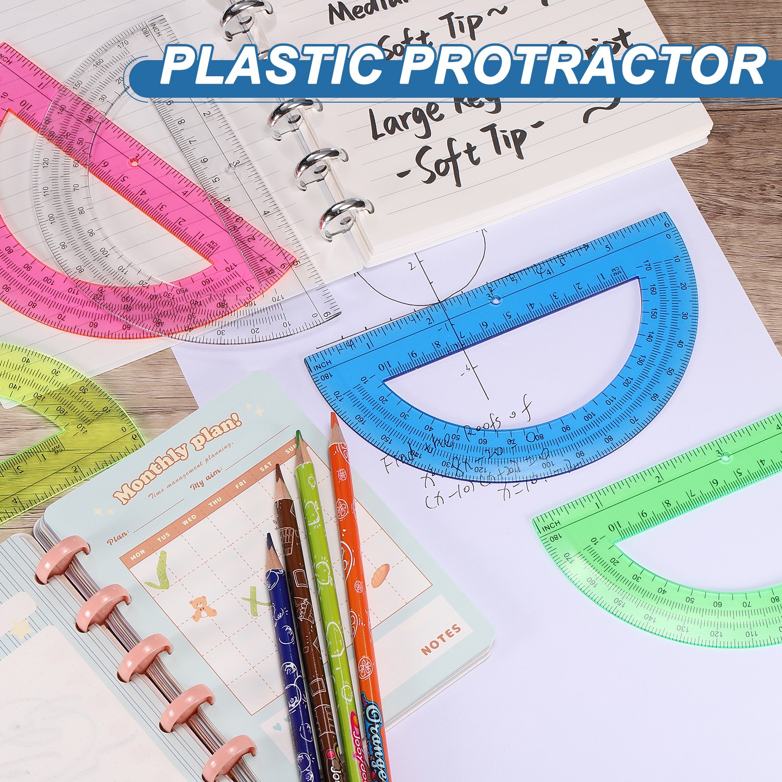 Plastic Protractor, 6 Pack Protractors 6 Inch 180 Degrees Math Tool, Transparent